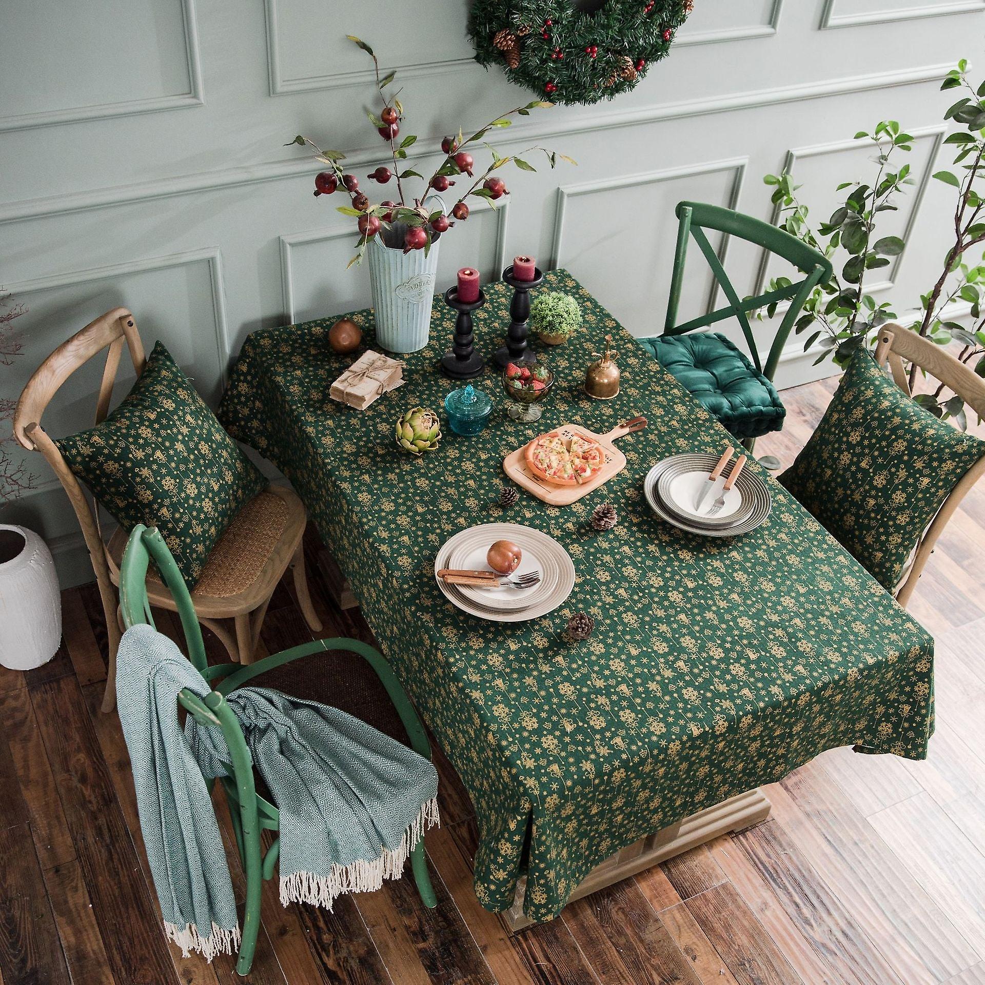 Christmas Festival Cotton Linen Table Cloth Green Gilding Tablecloth Wind Chimes Japanese Printing Rectangular Tablecloth