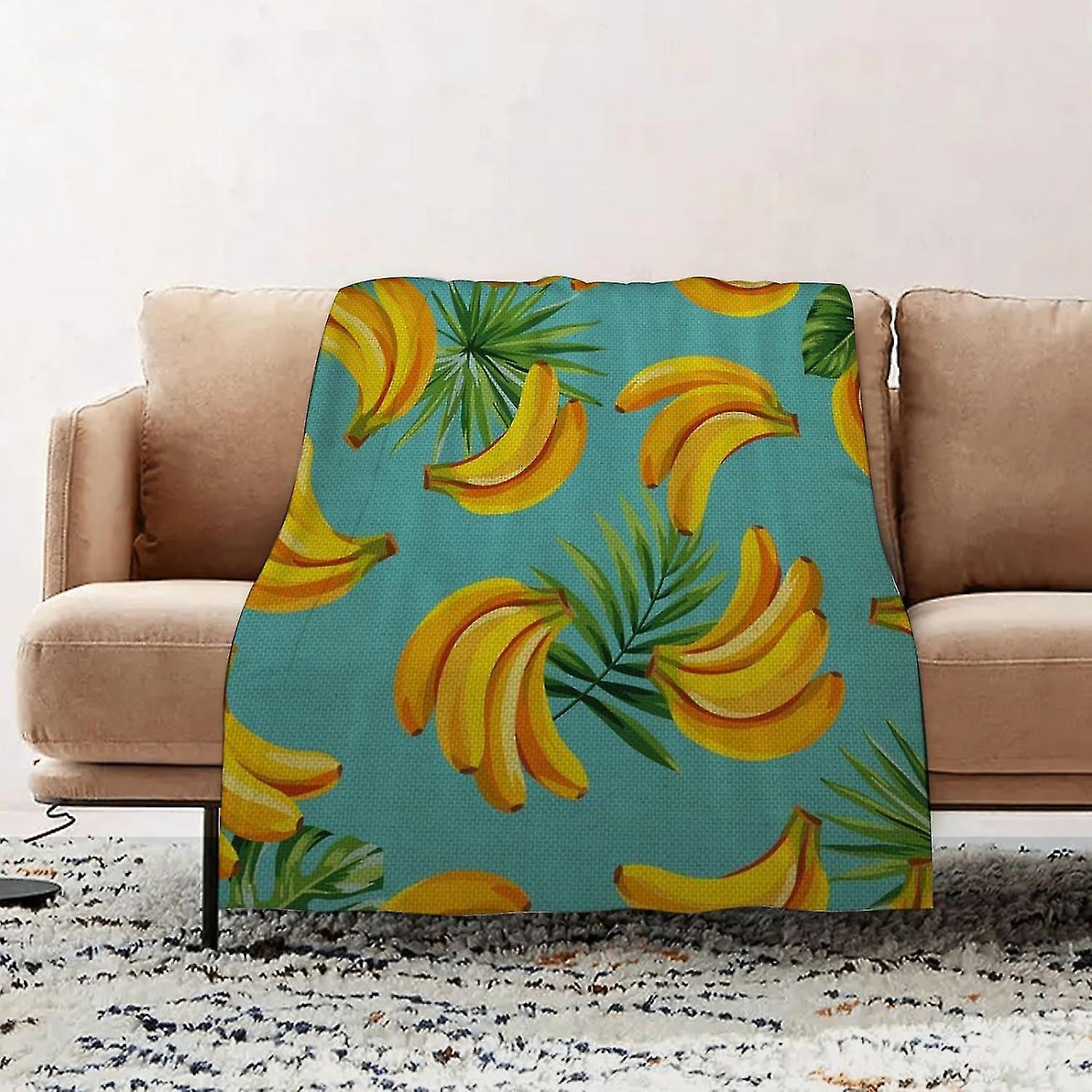 Premium Flannel Throw Blanket - Tropical Palm Leaves And Bananas Burlap Flannel Blanket Sofa Throw, Blanket Fluffy Soft Throw For Bed And Couch Throw/