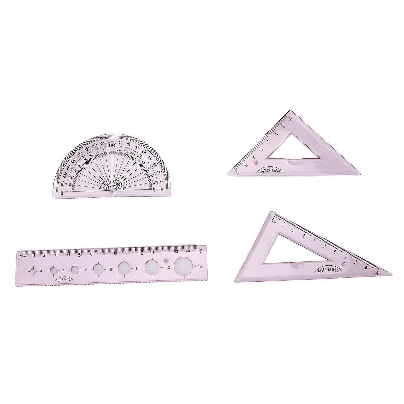 4pcs Ruler Soft Plastic Transparent Cute Pink Angle Length Measuring Tools for Kids Students Studying