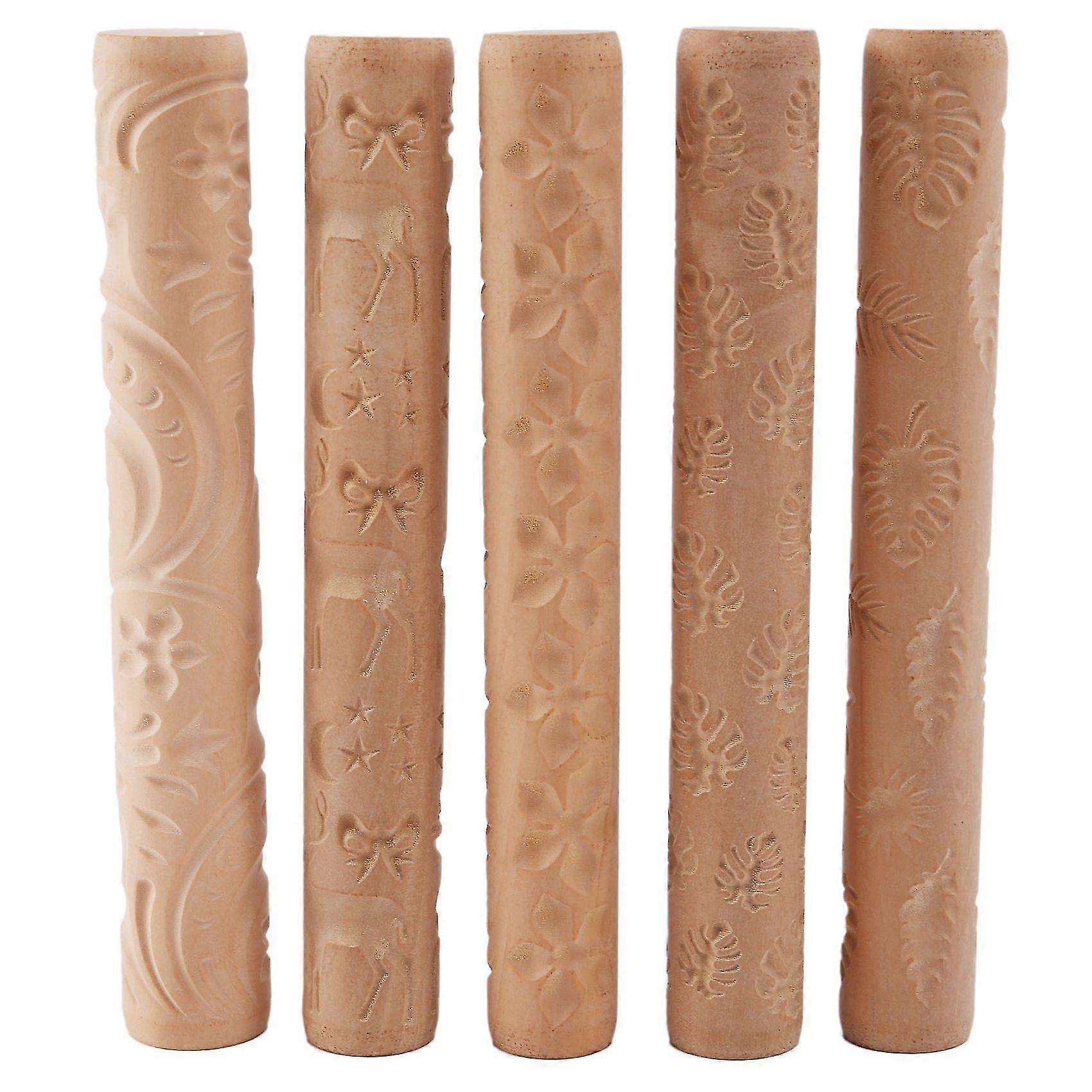 5Pcs Pottery Tools Texture Clay Modeling Pattern Rollers Set Wooden Handle Pottery Tool Kit with 5