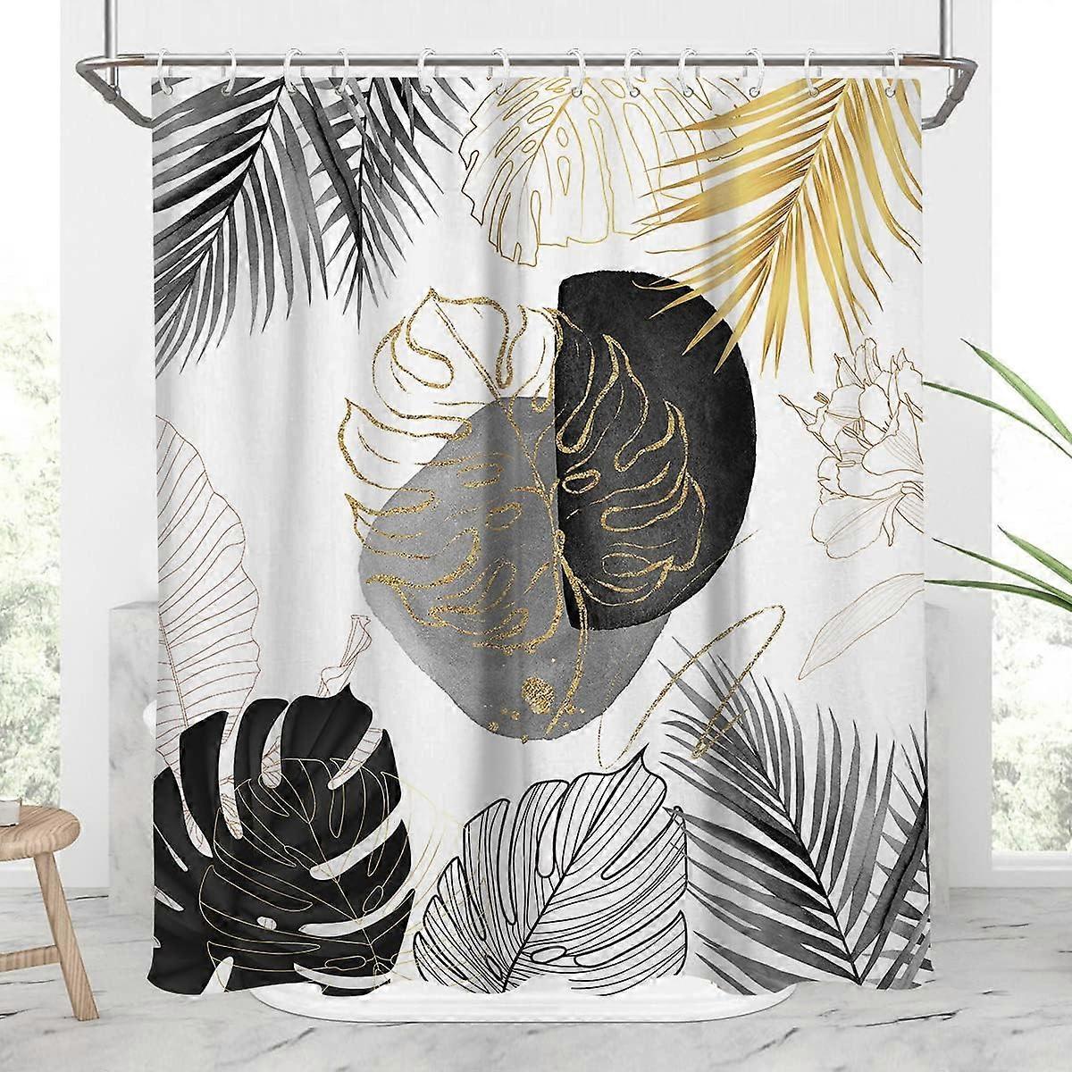 Linki Noir et Or Feuilles Rideau Douche Feuille Blanche Palmier Boho Tropiacl Abstrait Gris Gris Dor