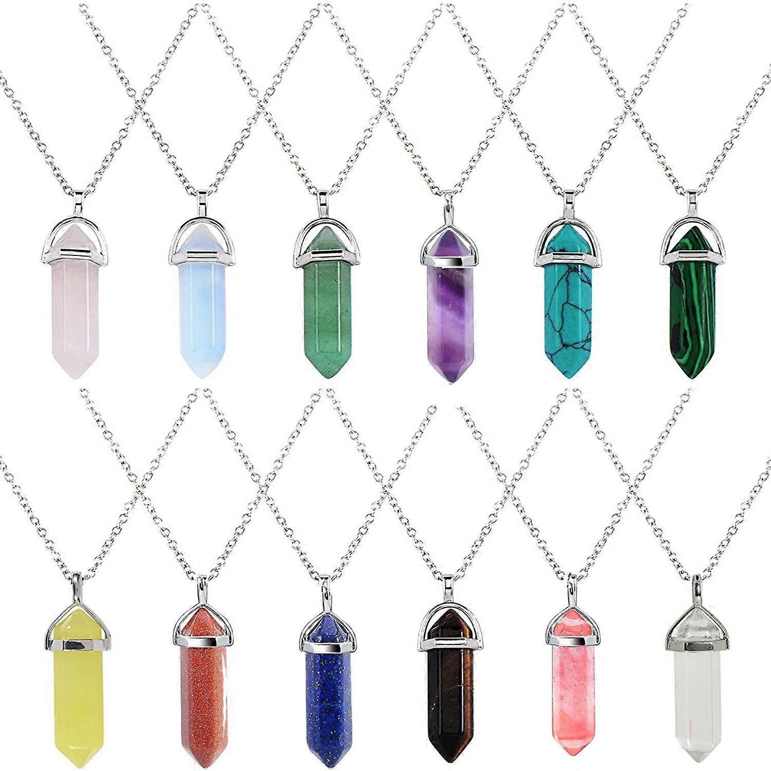 12 Pieces Hexagonal Chakra Crystal Bullet Shape Gemstone Pendant Necklaces Pointed Quartz Stone Chain Necklaces Artificial Stone