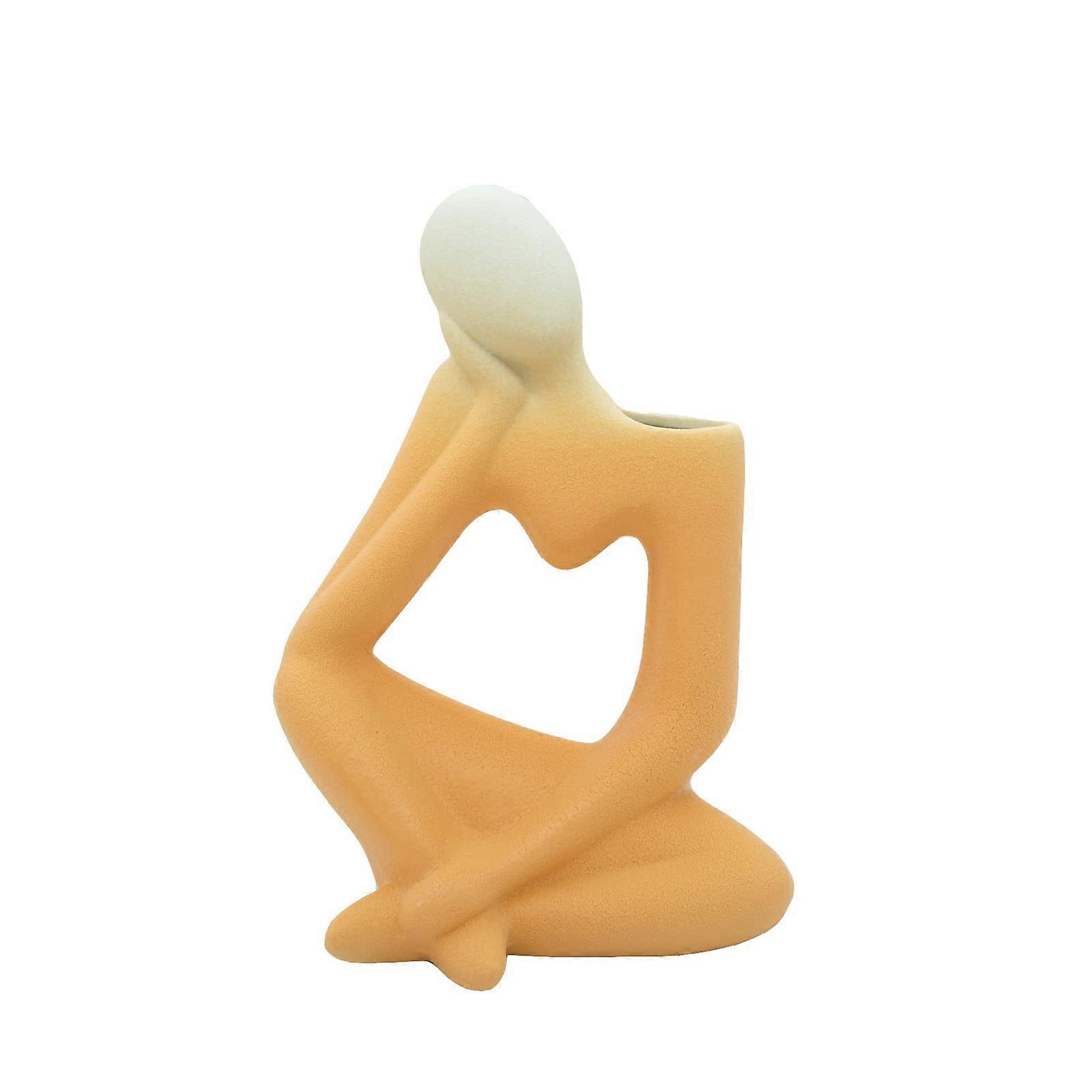Orange Ceramic Thinker Style Abstract Sculpture Figure Statue Vase Modern Decorative Centerpiece