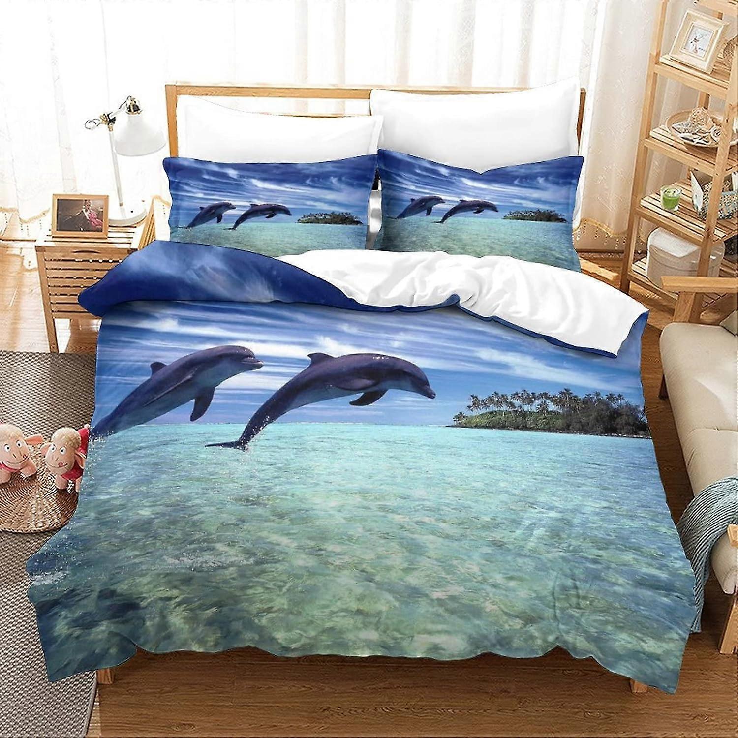 D Dolphin Bedding Set, Soft and Easy Care Microfiber Bedding Set with Pillowcases for Boys, Girls, Adults, Pieces with Zipper Closure