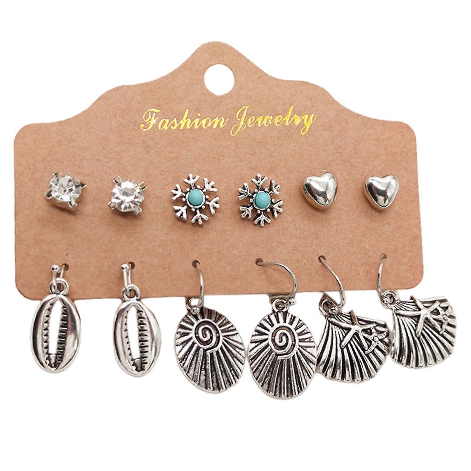 6 Pairs Leaf Drop Ethnic Style Alloy Geometry Tassel Hollow Stud Earrings Dangle Earrings for Dates