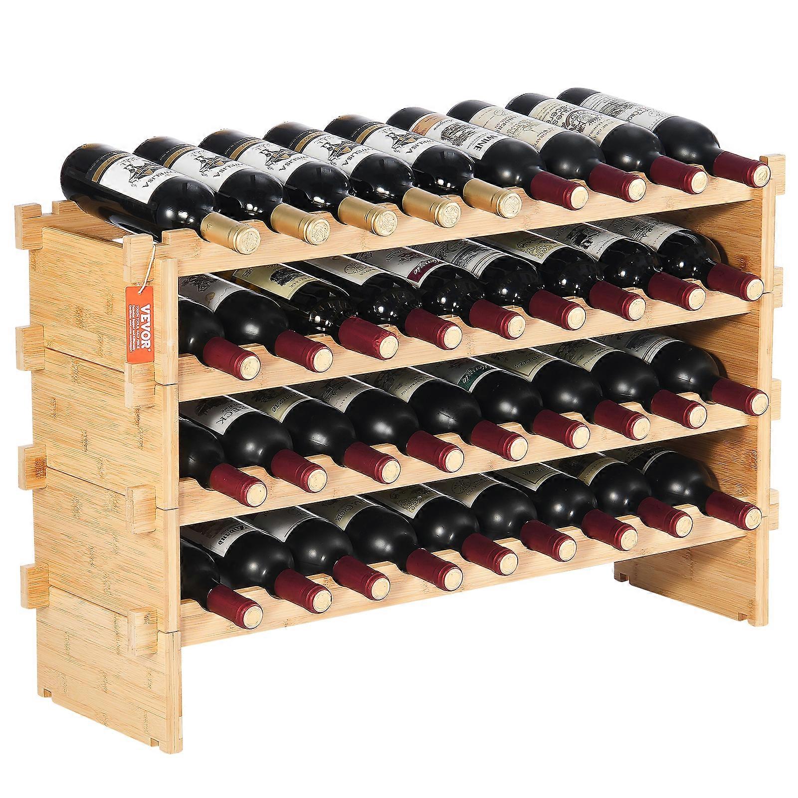 36 Bottle Stackable Modular Wine Rack, 4-Tier Solid Bamboo Wood Storage Racks for Kitchen, Bar, and Cellar, Natural Color