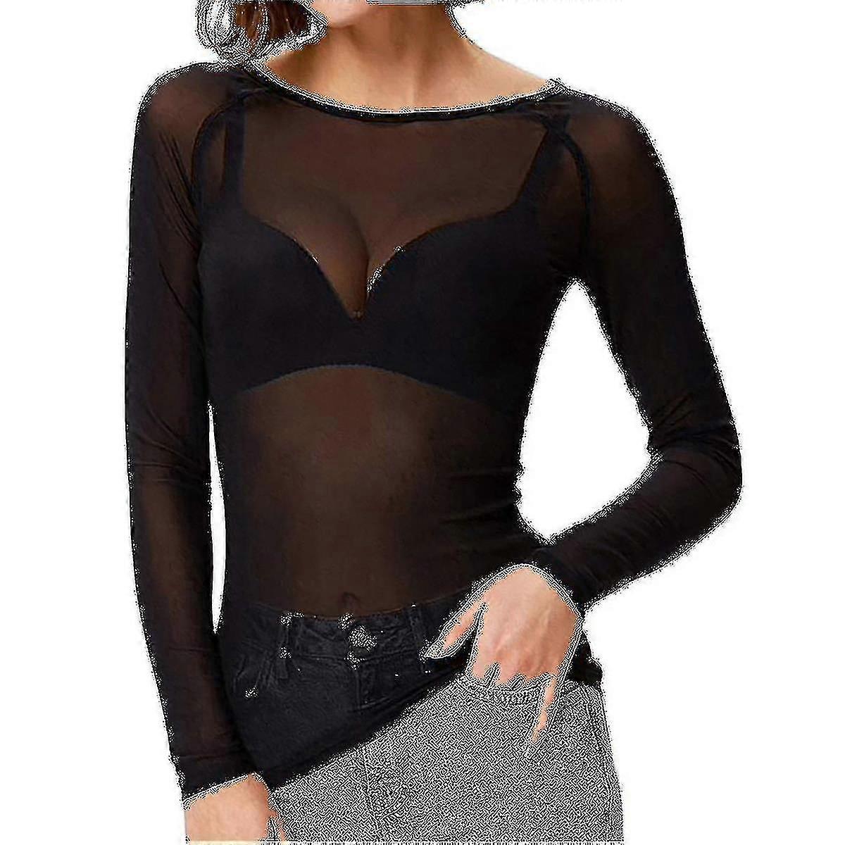Mulheres See-through manga comprida sem costura braço Shaper Top Mesh blusa camisa - Ya