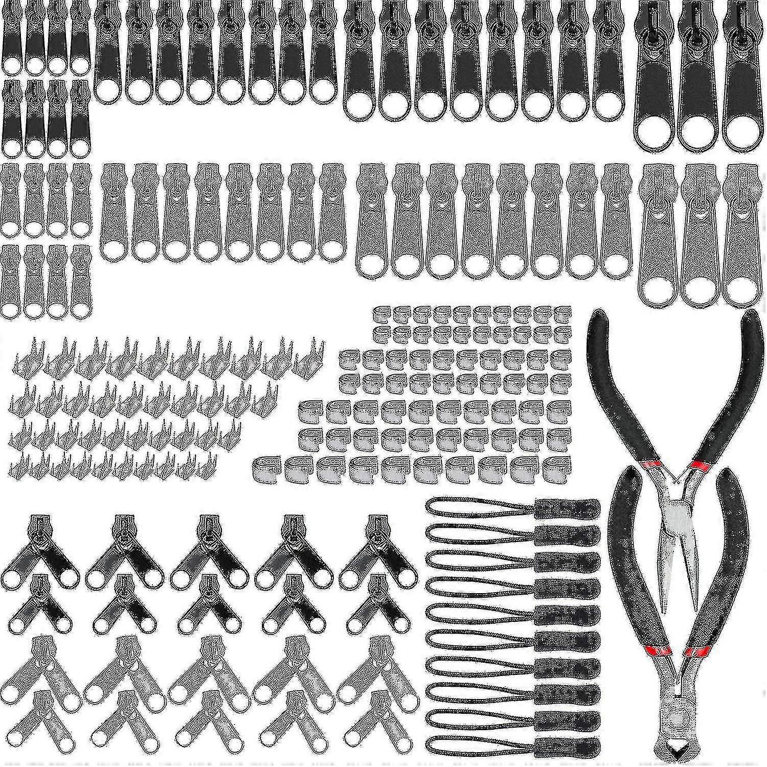 Kit de reparo de zíper de 197 pcs, substituição de zíper com 2 mini alicates, para vestuário, bolsa, jaquetas, tendas, bagagem