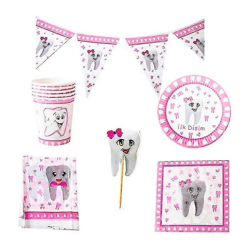42pcs In 1 Set Rosa Zahn Thema Einweggeschirr Obst Picks Set Pappbecher Teller Servietten Set Zahndruck Tischdecke Geschirr Und Wimpel Se
