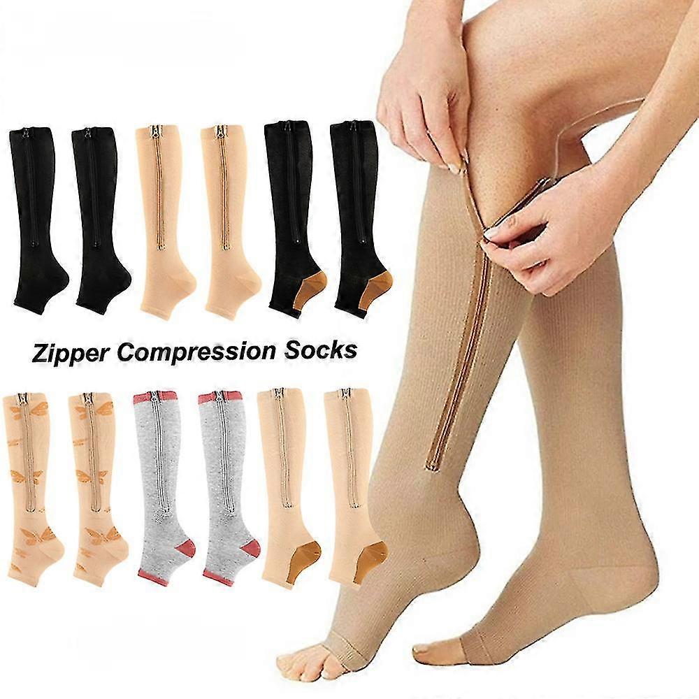 1 Pairs Zipper Compression Socks For Women Men, 15-20 Mmhg Open Toe Knee Support Socks For Varicose Vein Edema
