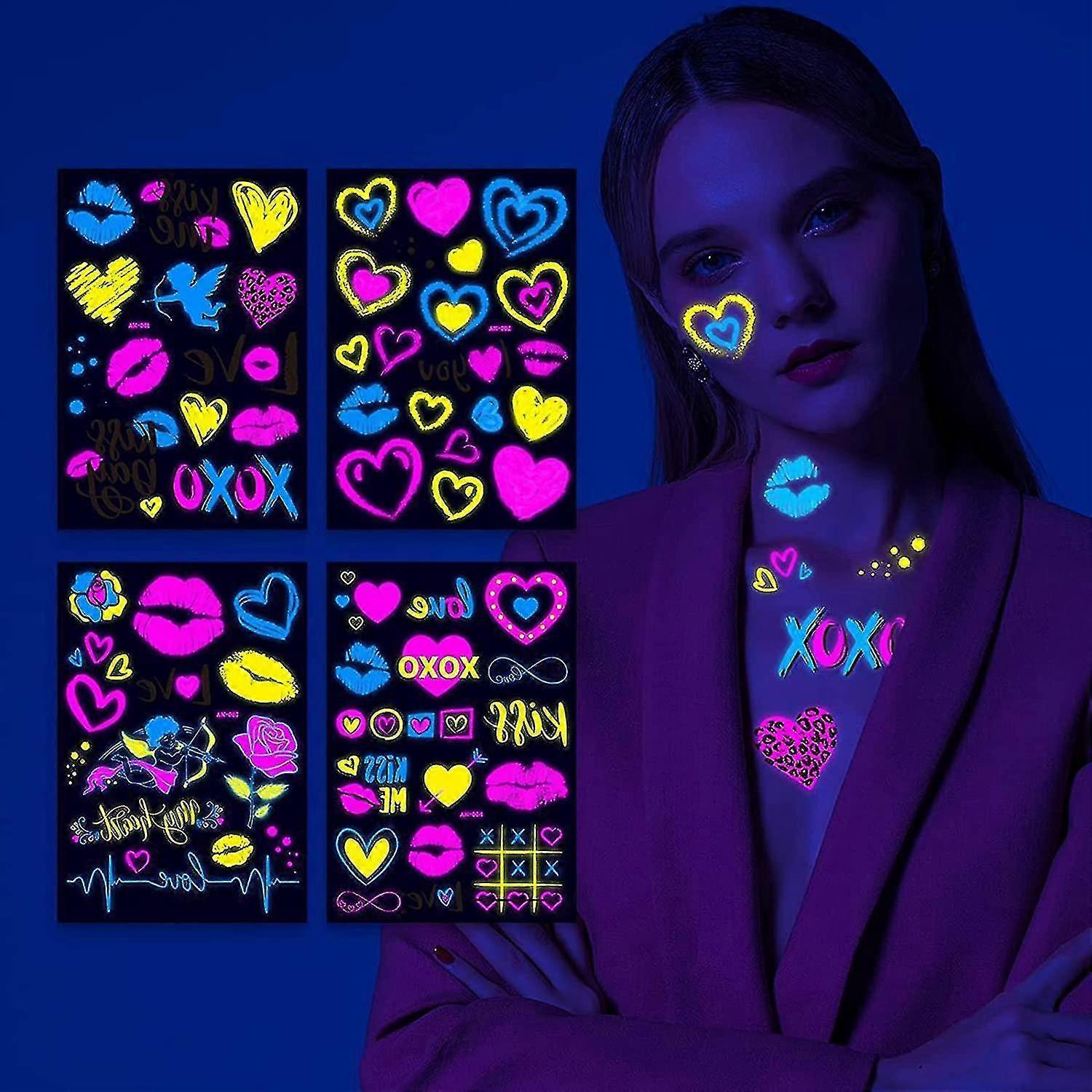وشم مؤقت نيون ، تصميمات متنوعة تتوهج في وشم مؤقت نيون داكن ، وشم مزيف للأشعة فوق البنفسجية