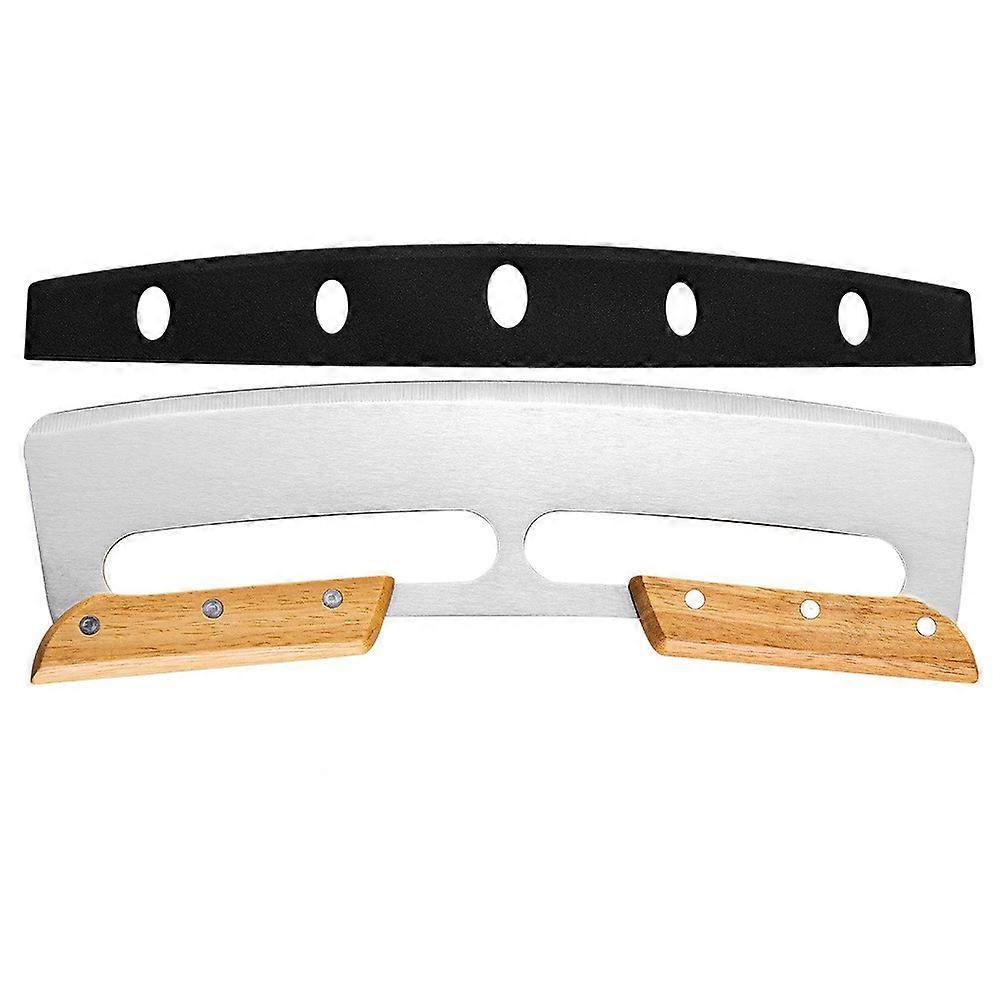 Tagliapizza a due manici Manico in legno Coltello per pizza semicircolare Tagliapizza in acciaio inossidabile