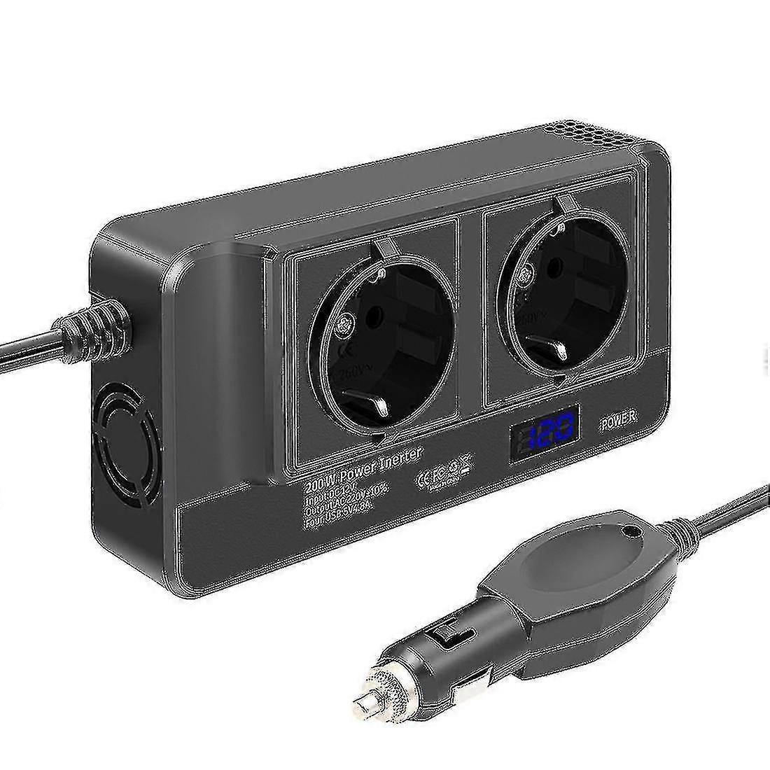 Inverter per auto da 200 W, convertitore di tensione da 12 V a 220 V con schermo LCD Smart Time Display, 2 prese e 4 USB c
