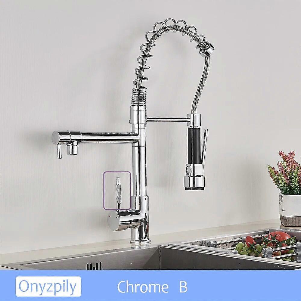 Chrome Spring Kitchen Faucet Pull Down Dual Spouts 360 Swivel Handheld Shower Kitchen Mixer Crane Hot Cold 2 Outlet Spring Taps