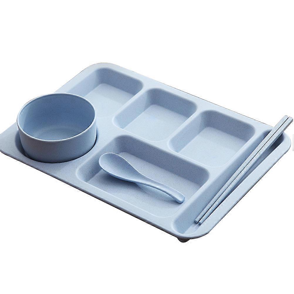 1 Set Creative Wheat Straw Bowl Exquisite Dinner Tray Drop-Proof Rice Dishes Separate Plates Cutlery Set (Blue)