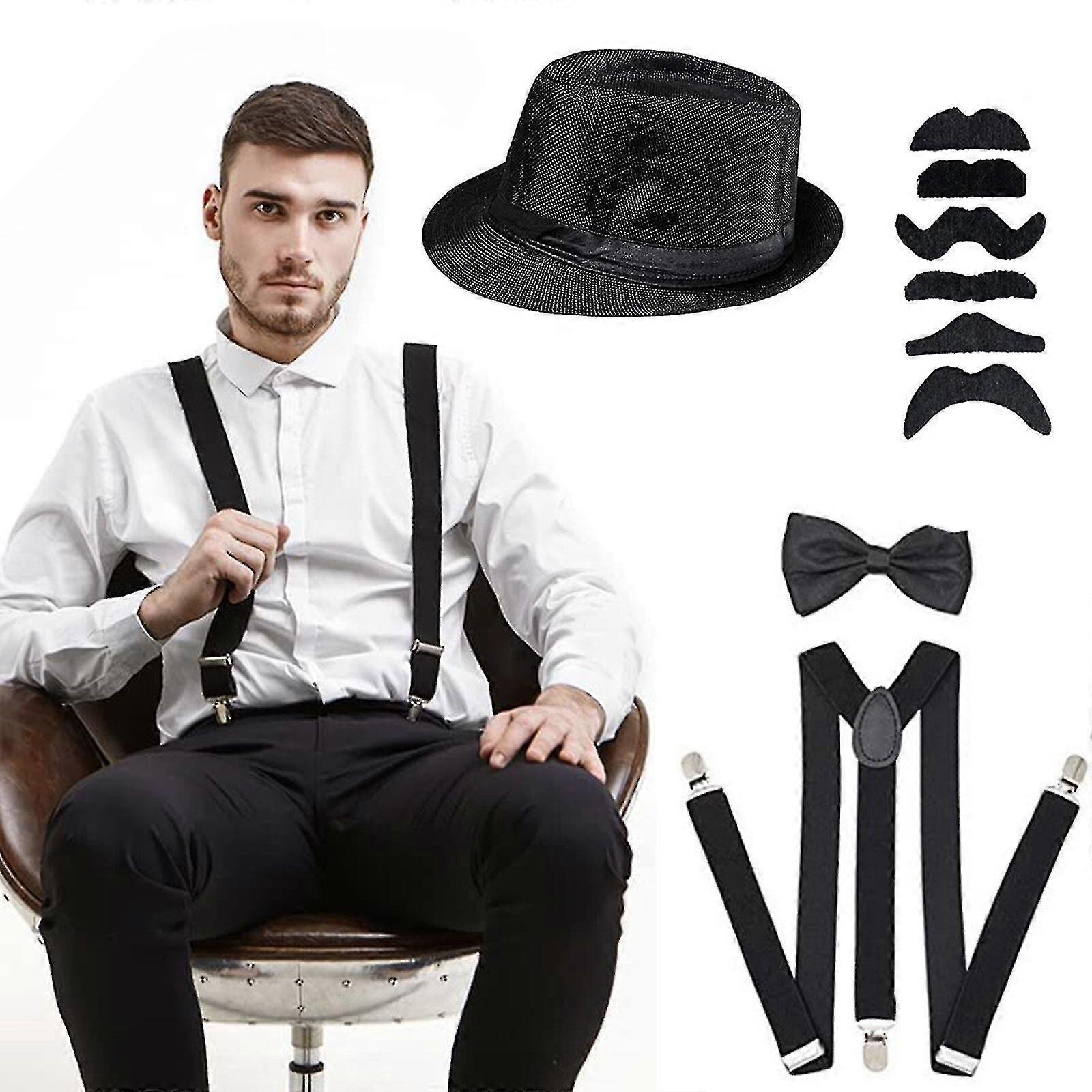1920 Homme Gatsby Costume Accessoire Set avec Gangster Hat Barbe Elastic  Braces Neck Bow Pocket Watch