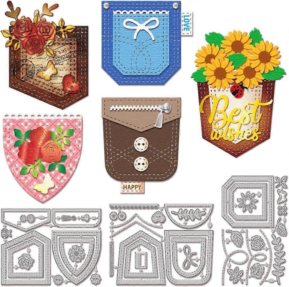 Denim Pockets Frame Cutting Dies for Card Making Flower Leaf Button Metal Die Cuts Cutting Dies Templates for Scrapbooking Journal Embossing Paper Cra