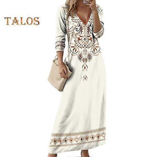 Kvinnor Vårklänning Etnisk stil Tryck V-hals Långärmad Bohemisk Lös A-linje Pullover Mjuk Andningsfunktion Ankellång Dagligen Maxiklänning