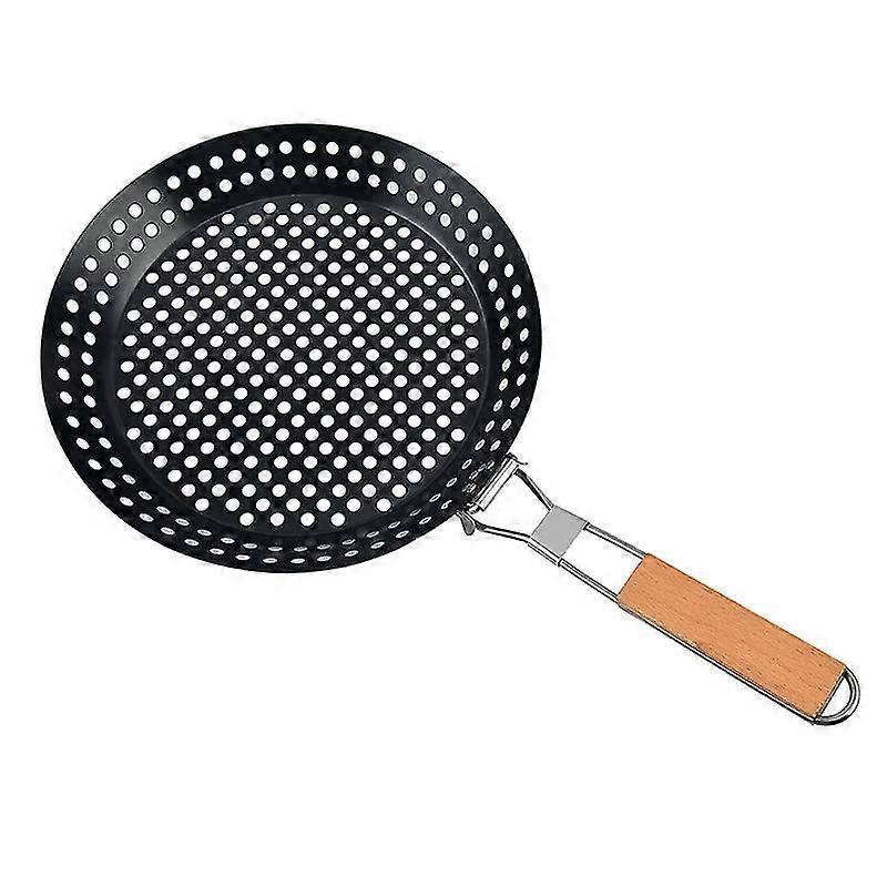 Grill Pan With Removable Handle, Non-stick Metal Roasting Pan With Folding Wooden Handle Frying Pan With Holes Removable Handle For Outdoor Grill Barb