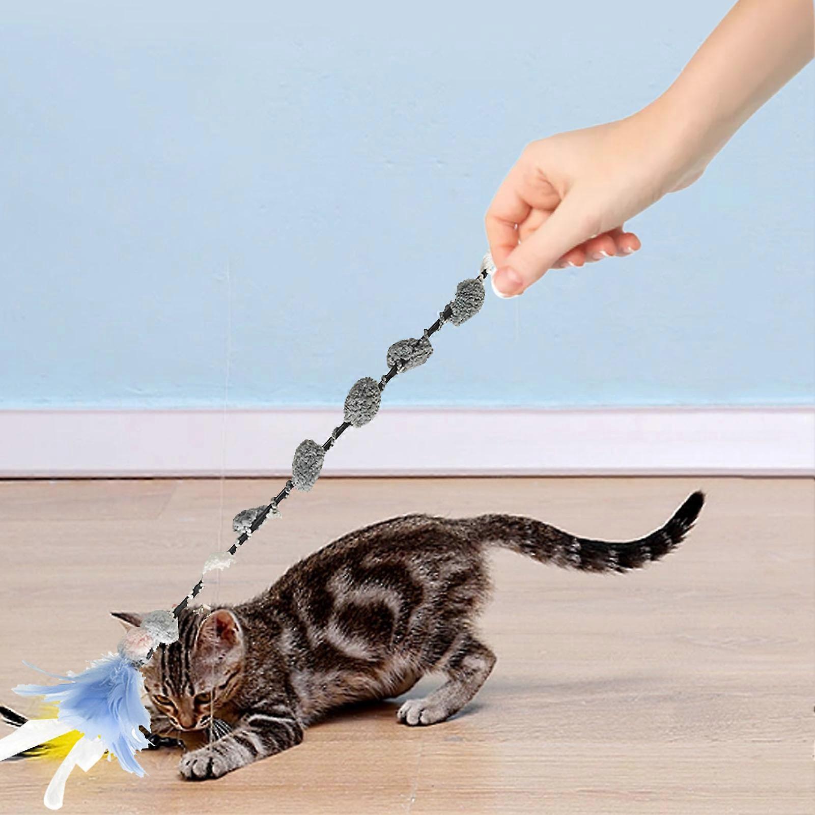 Cat Teaser Wand Toy with Feather Bell Interactive Kitten Blue