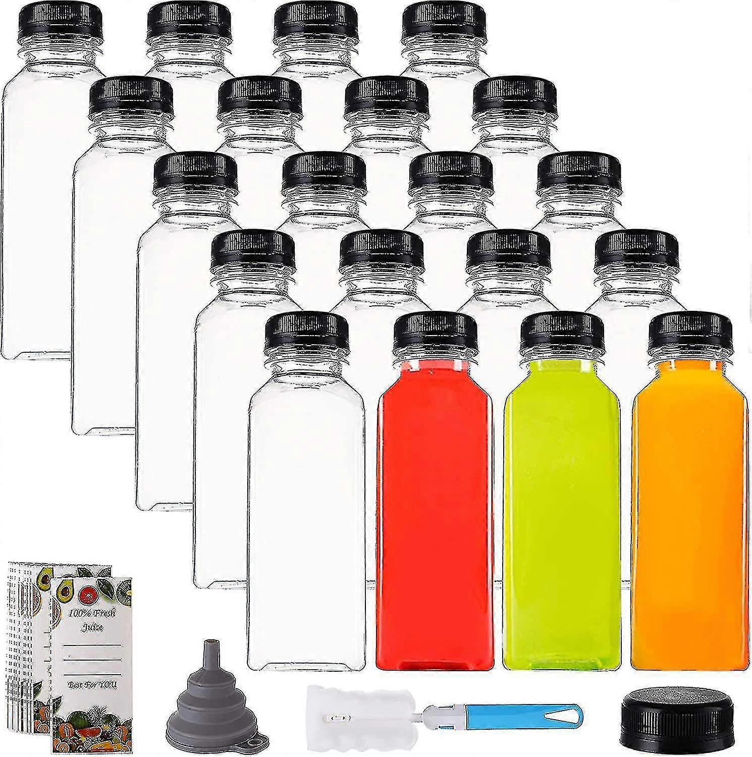 20 Pack 12oz Plastic Juice Bottles With Black Cap, Clear Reusable Containers With Lids, Great Dispos