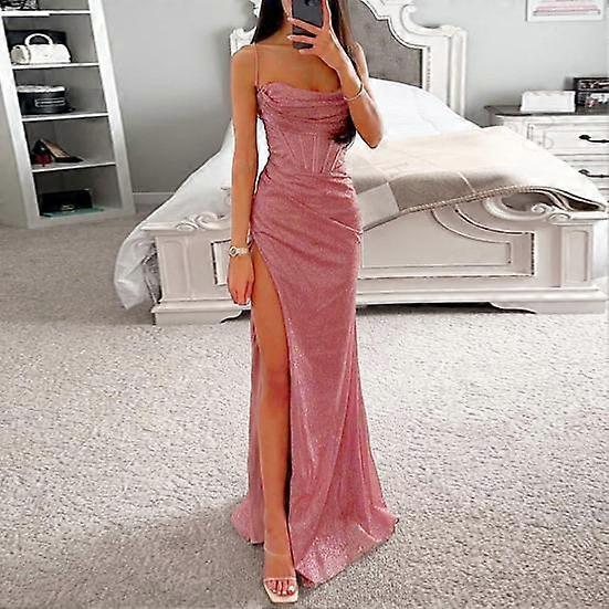 Women Evening Dress Spaghetti Strap Shiny Sequin Sleeveless Off