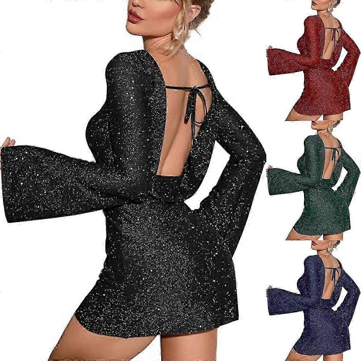 Women's Backless Flounce Sleeve Sparkling Mesh Mini Dress Chic And Glamorous
