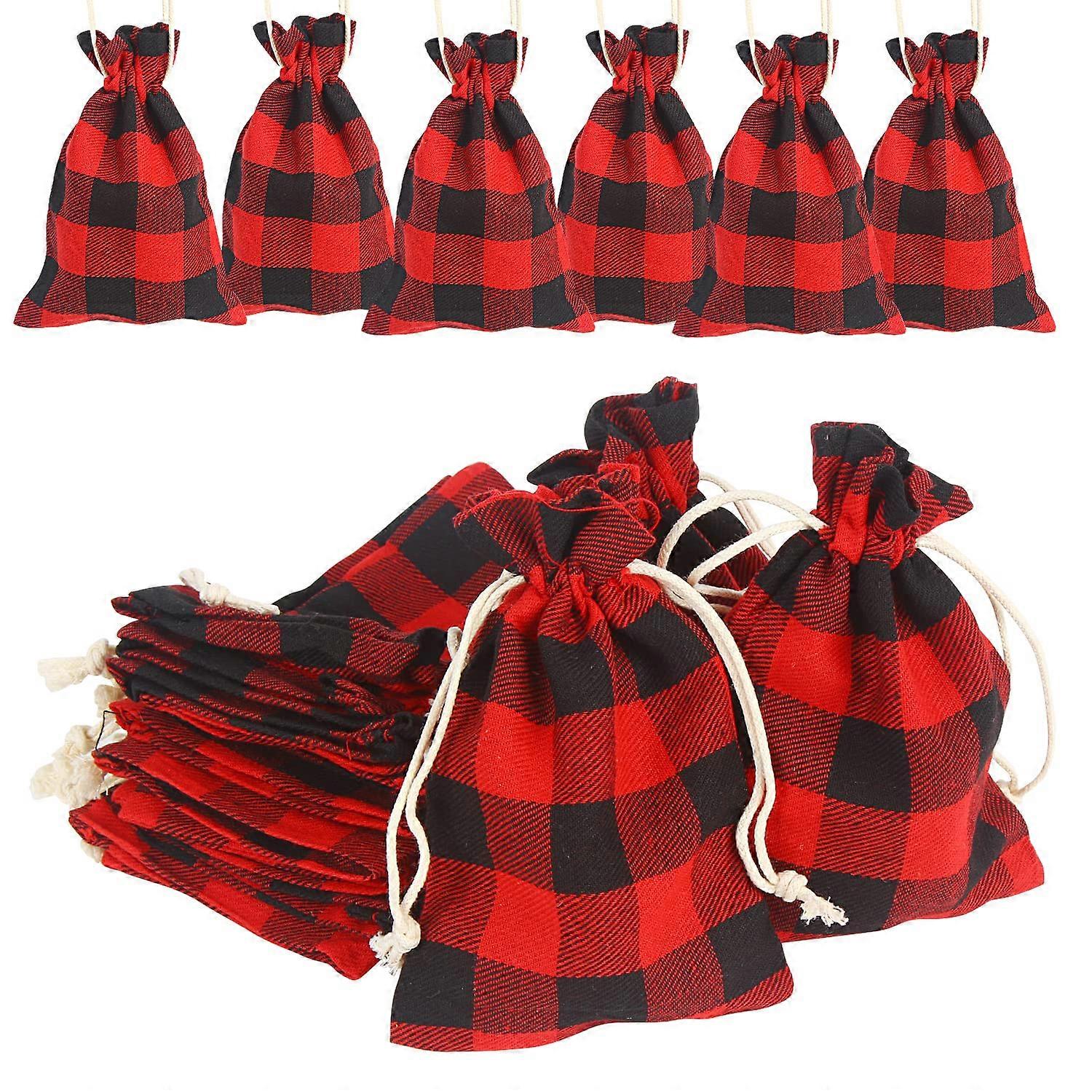 24-Count Buffalo Plaid Burlap Drawstring Bags - Reusable Party Favor Candy Pouches