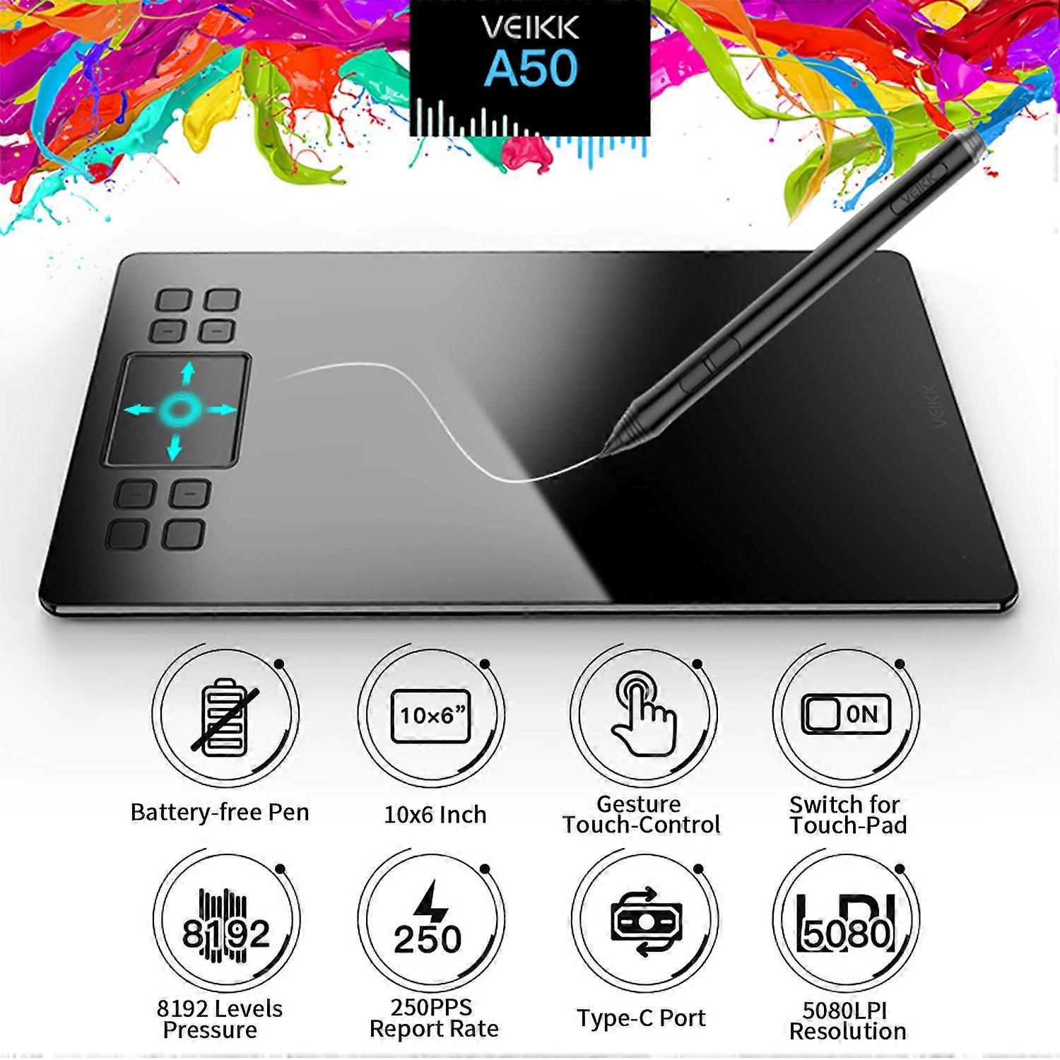 VEIKK A50 Graphics Drawing Tablet 10 x 6 Inch Large Active Area 8 Express Keys & Gesture Touch-Pad 8