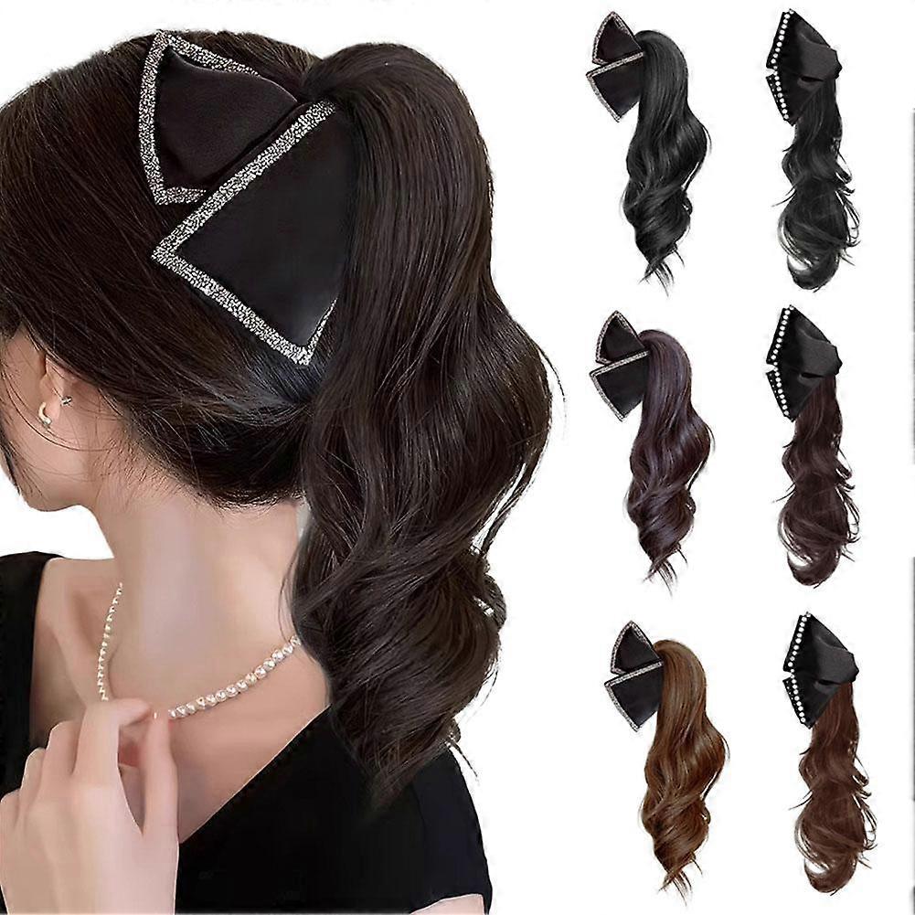 Perruque queue de cheval synthétique ondulée avec nœud papillon pour femme