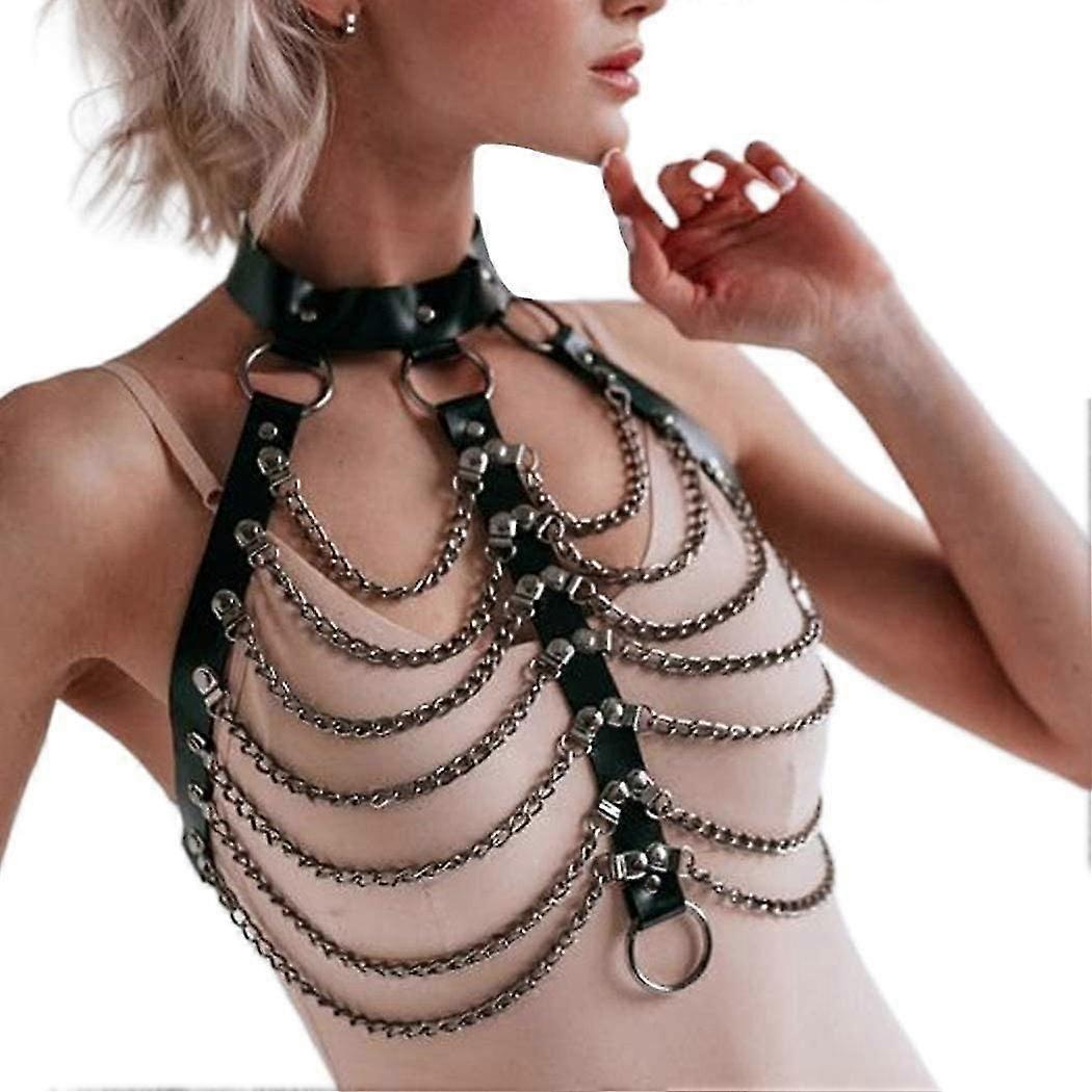 Punk Layered Body Chain Black Leather Bra Caged Harness Choker Bra Chains Gothic