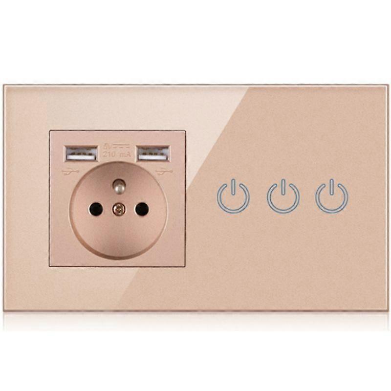 EU Power Outlet Socket, LED Light Touch Triple Switch, 2 USB Charger, Gold Glass Panel French Wall Electrical Socket