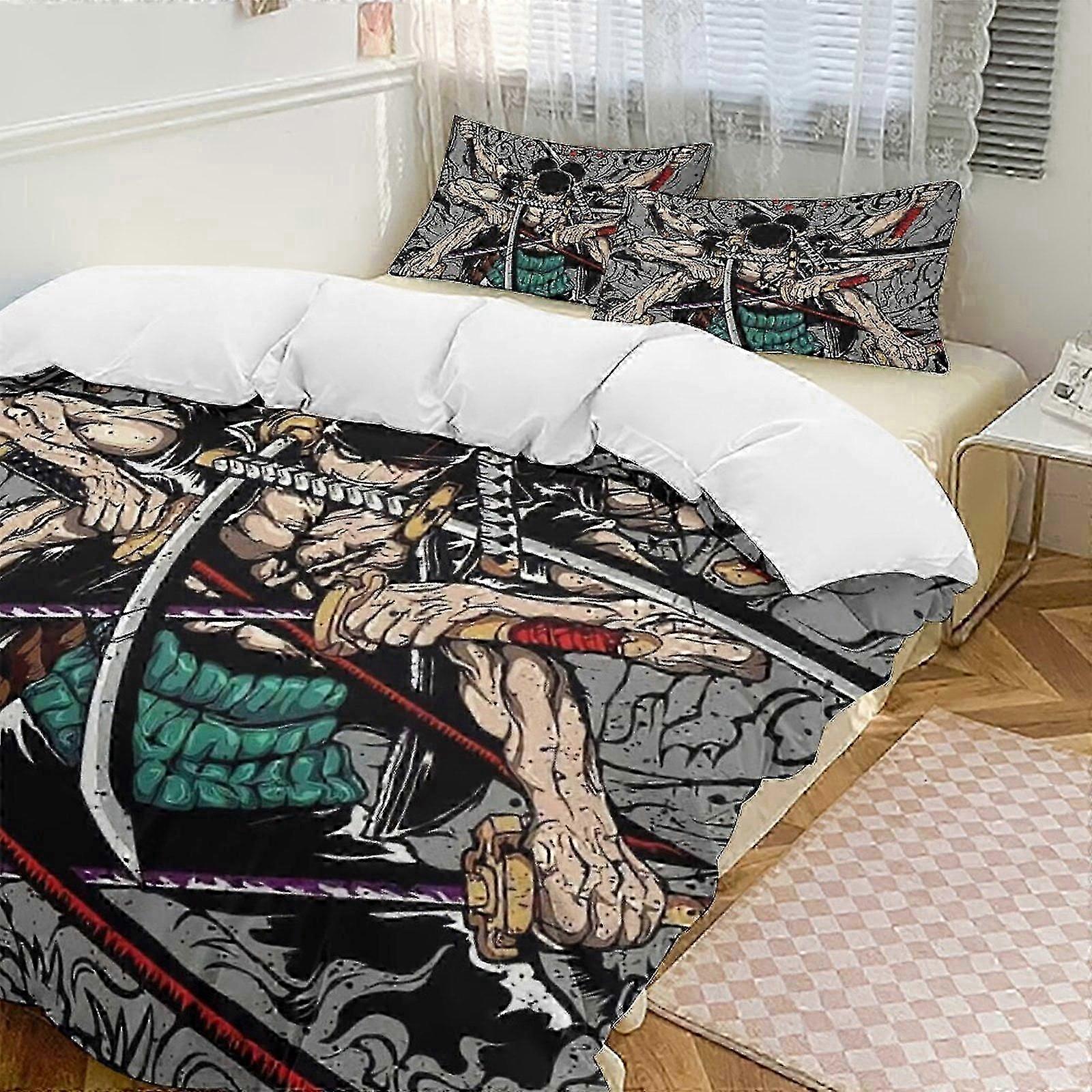 v1879 Lakan Roronoa Zoro Påslakan Säng Funny Anime Tecknad Sängkläder Se Lightweight 3 Piece Täcke Se, fodral (1 påslakan och 2 örngott)