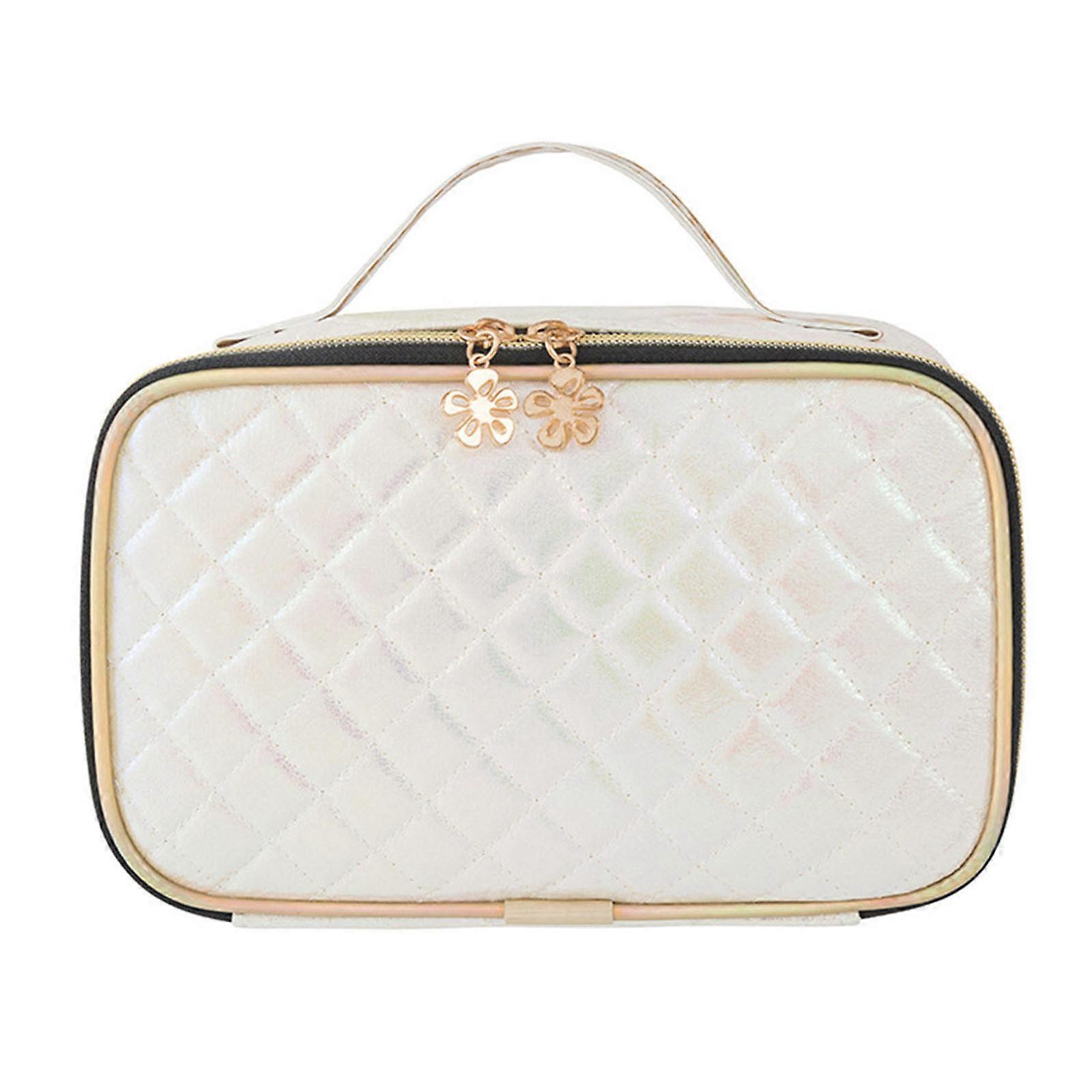 Modern PU Leather Makeup Storage Solution with Lattice Pattern Stylish Travel Toiletry Bag Cosmetic Case White