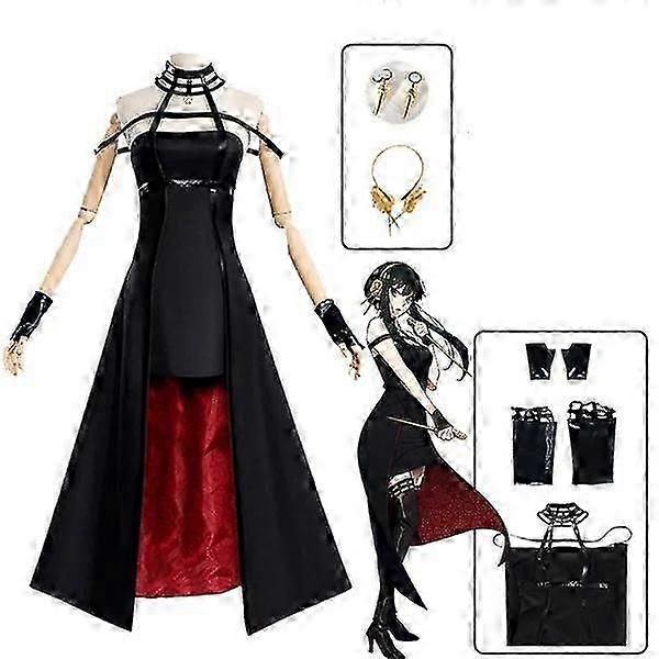 SPY X Family Yor Forgerコスプレウィッグとドレスセット黒と赤、ロングヘアとブライヤーイヤリングレディースパーティーウェア
