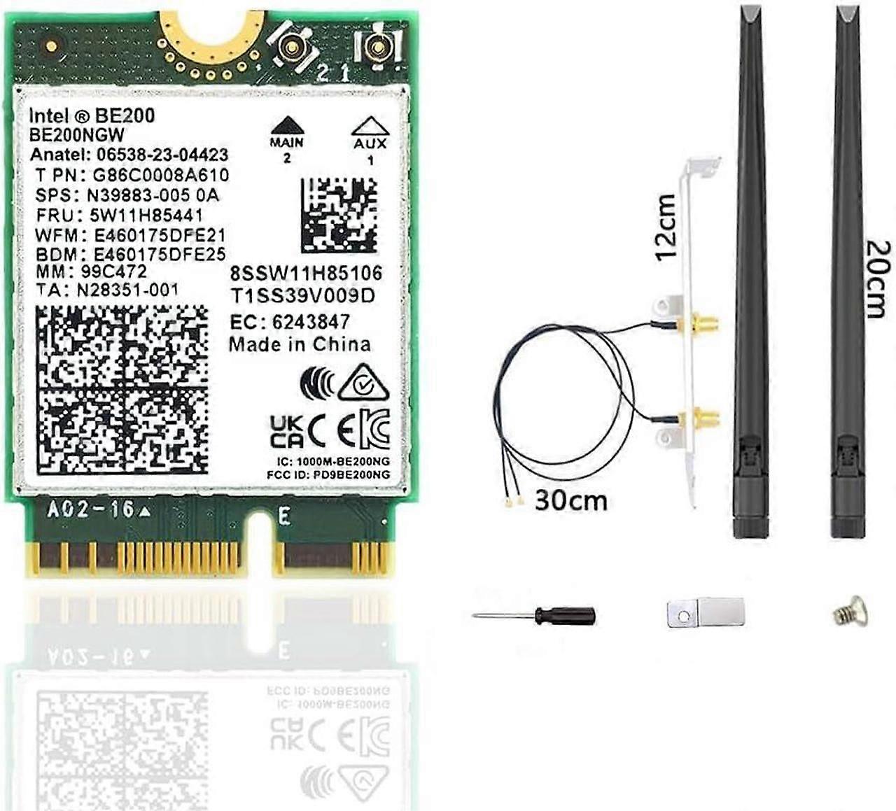 WiFi 7 BE200 NGW Wireless Card, Tri-Band 6GHz/5GHz/2.4GHz M.2 NGFF Bluetooth 5.4, Includes Ipex Cable, 8dBi Antennas and Brackets Support Windows 10/1