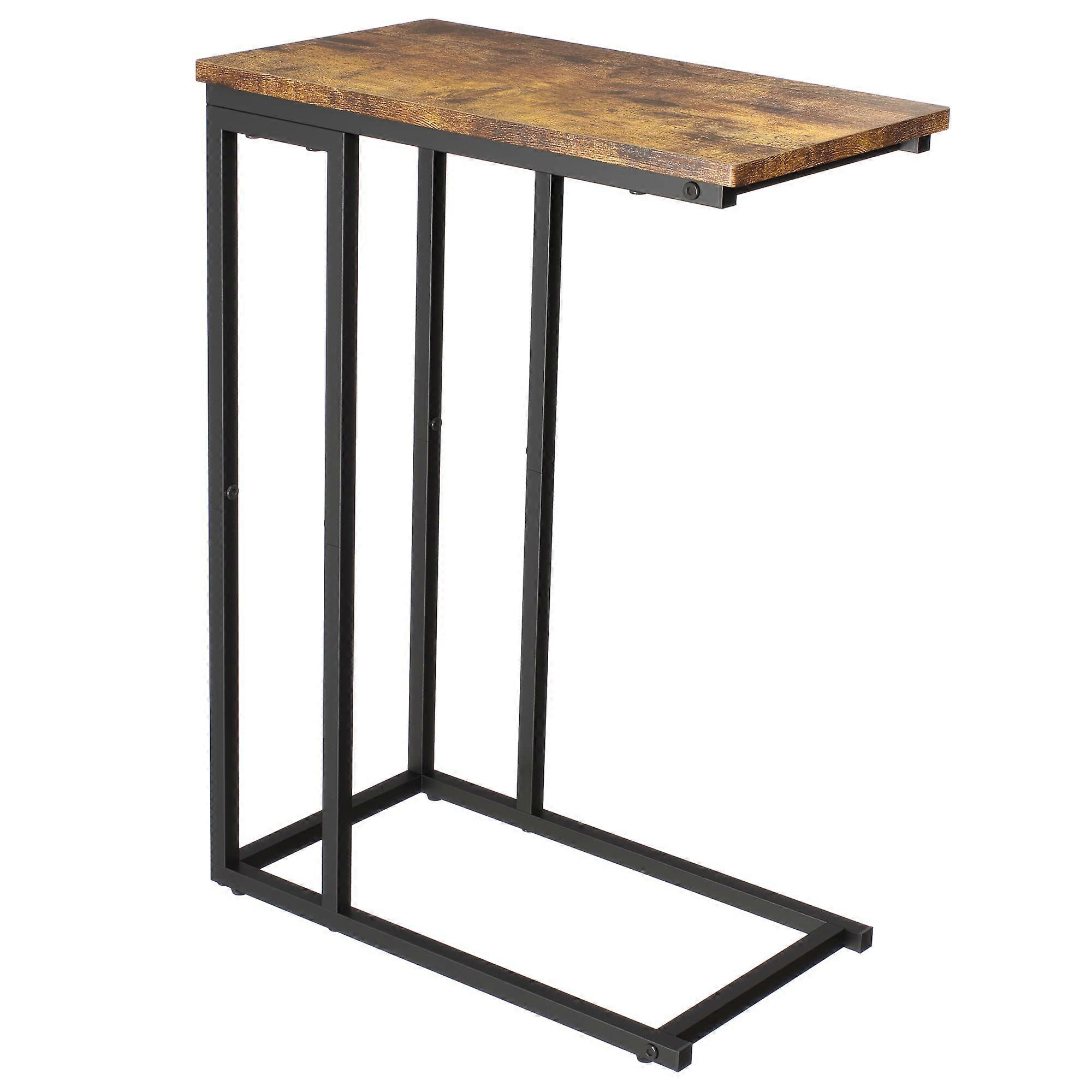 Small C Shaped End Table for Living Room, Rustic Brown Slim Couch Side Table, Under Sofa Snack Tray for Coffee Laptop Easy Assembly