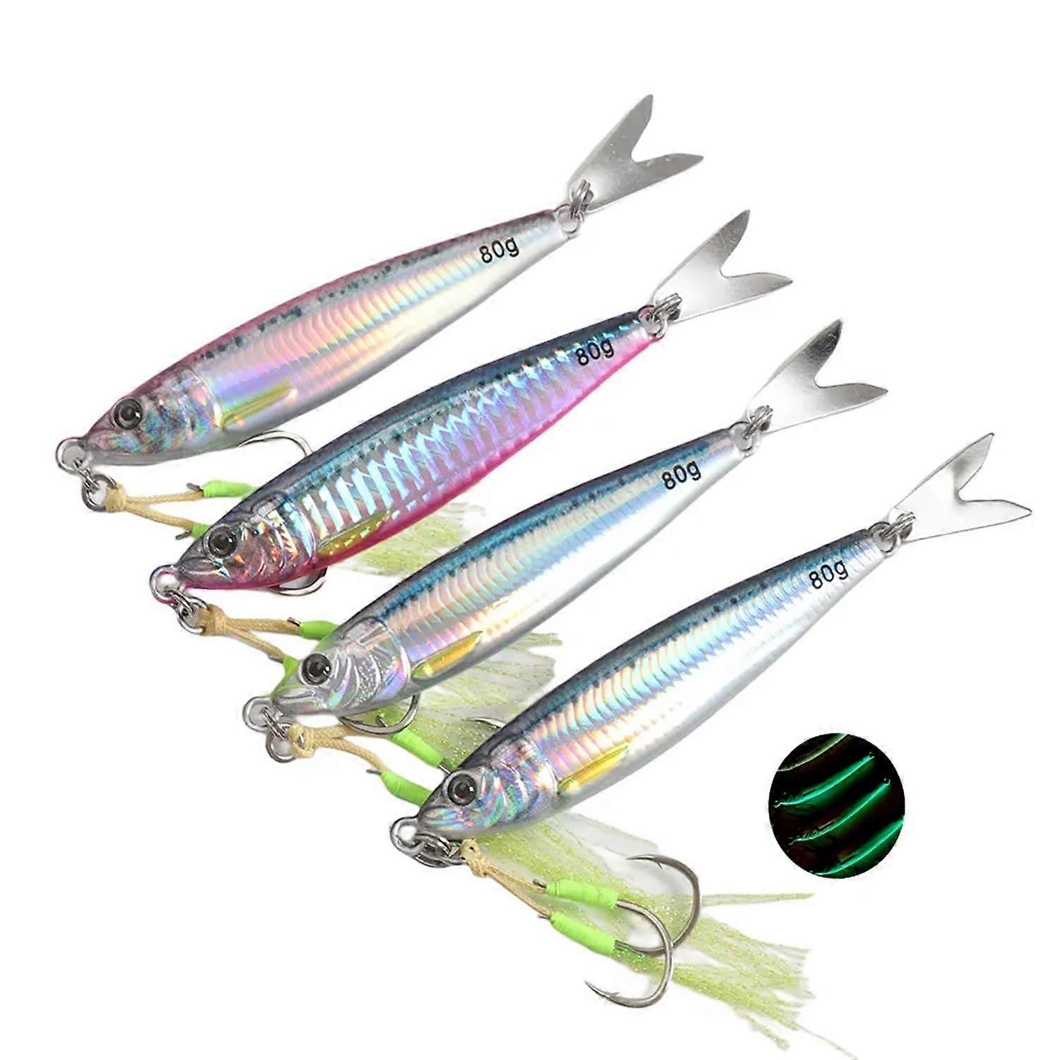 Fishing Jigs 80g Set of 4 | Luminous Artificial Lures with 3D Eyes and Laser Effect for Freshwater and Saltwater Fishing