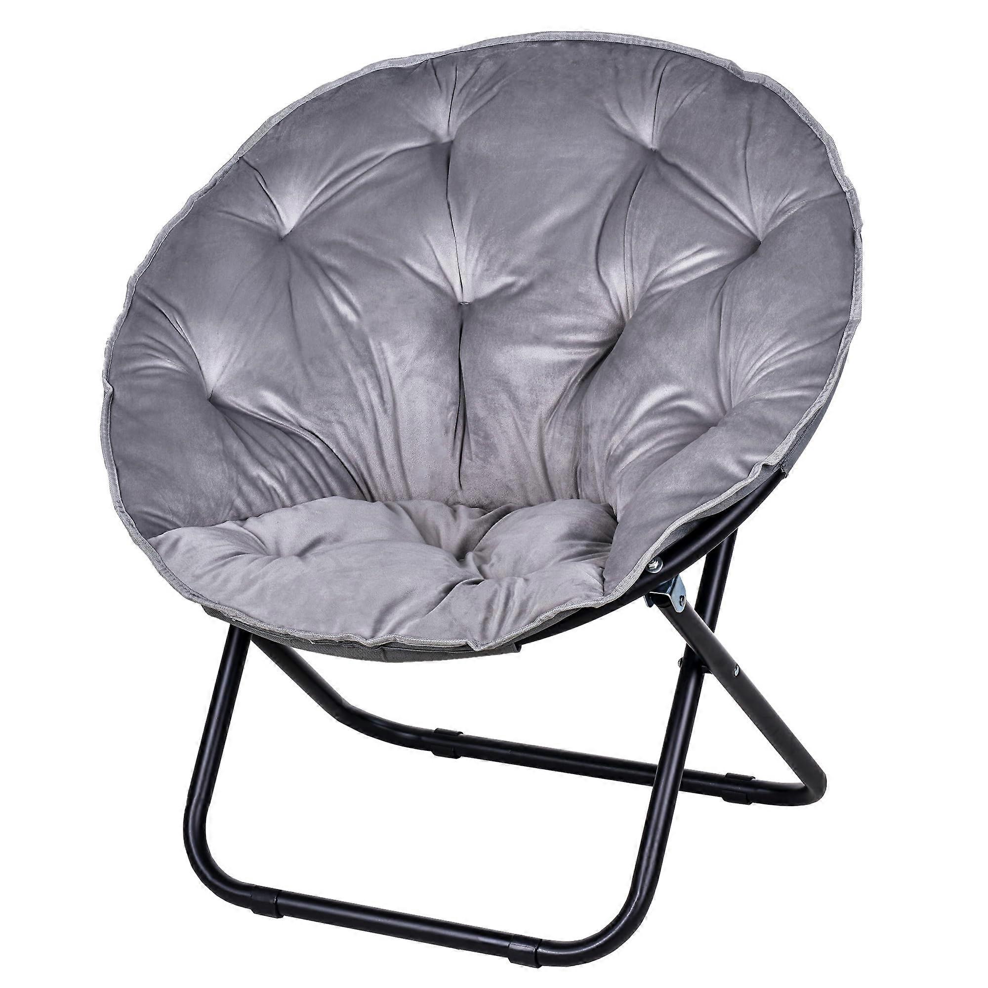 Saucer Chair for Adults, Grey Folding Moon Chair, Faux Fur Upholstery, Metal Frame for Bedroom, Living Room, Dorm
