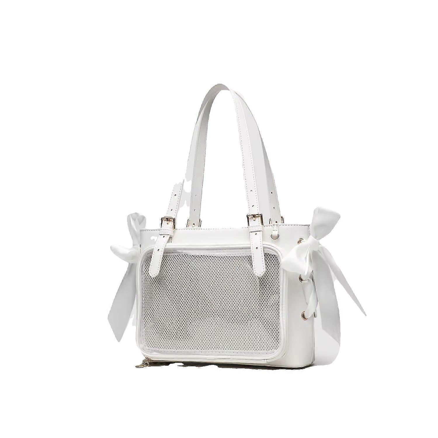 white ita bag display tote clear front pocket removable mesh ert silk bow details
