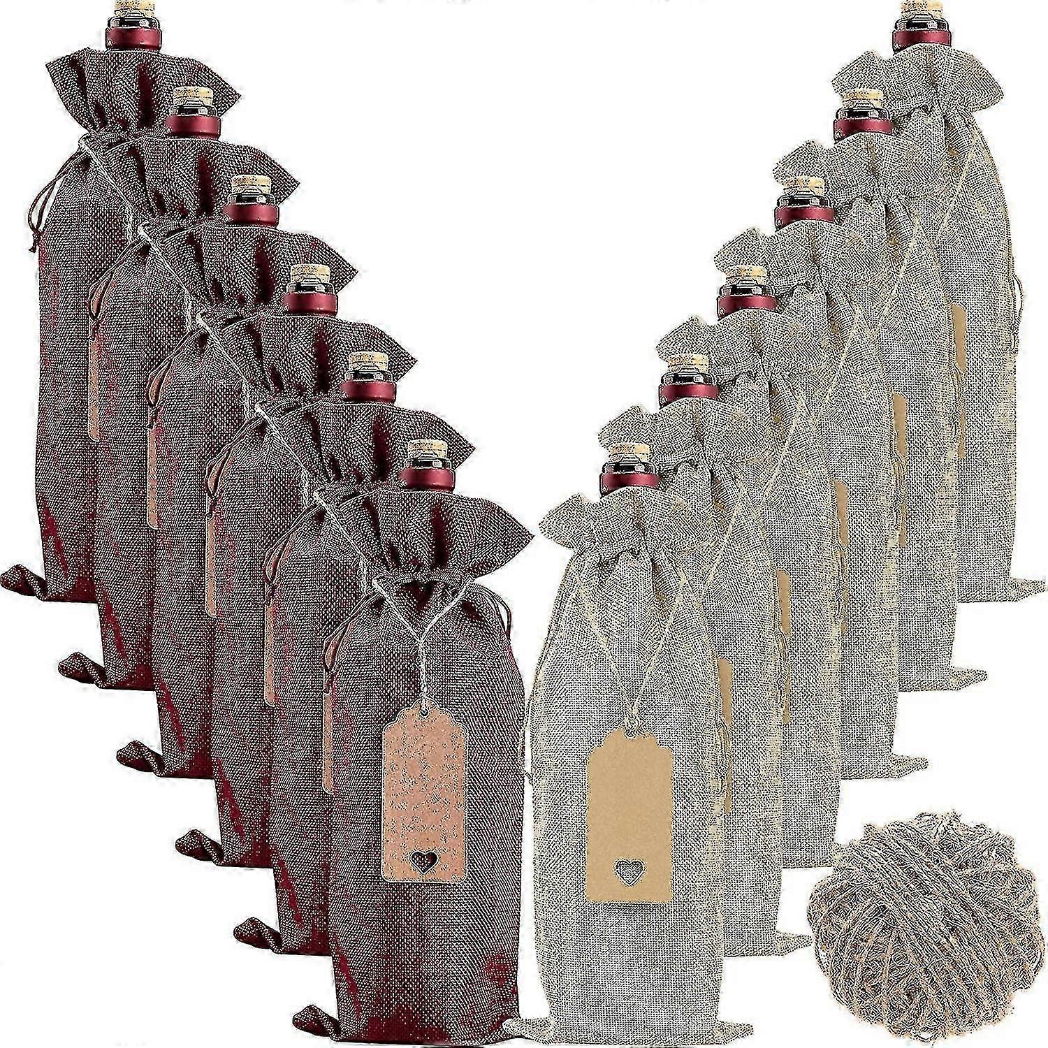 12 Pieces of Suitable Wine Bottle Bags with Drawstrings, Tags, and Ropes for Wine Gifts in Burlap Style
