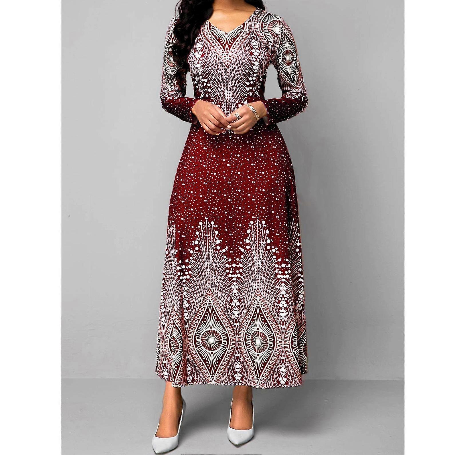 Ladies Spring And Autumn New Fashion Retro Print Slim V-neck Party Elegant Long Dress Plus Size