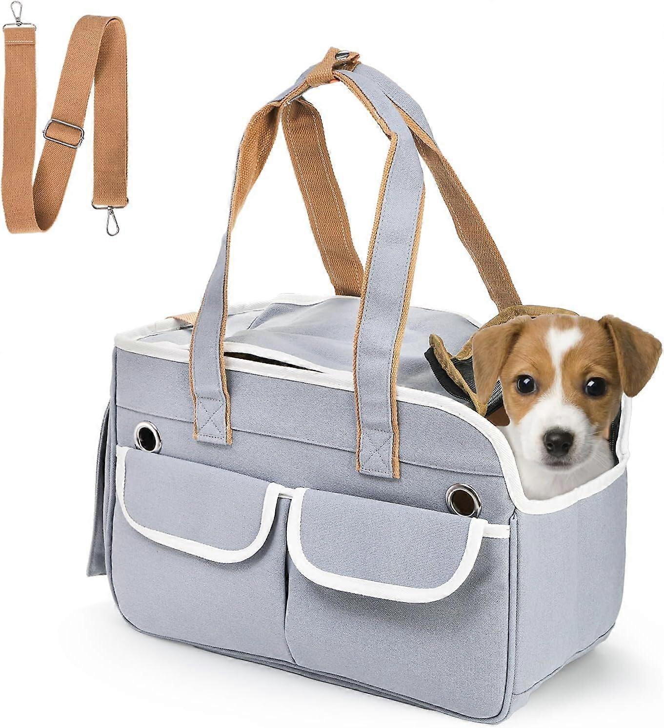 Pet carrier bag, airlineapproved, foldable, soft sides, lightweight, gray.