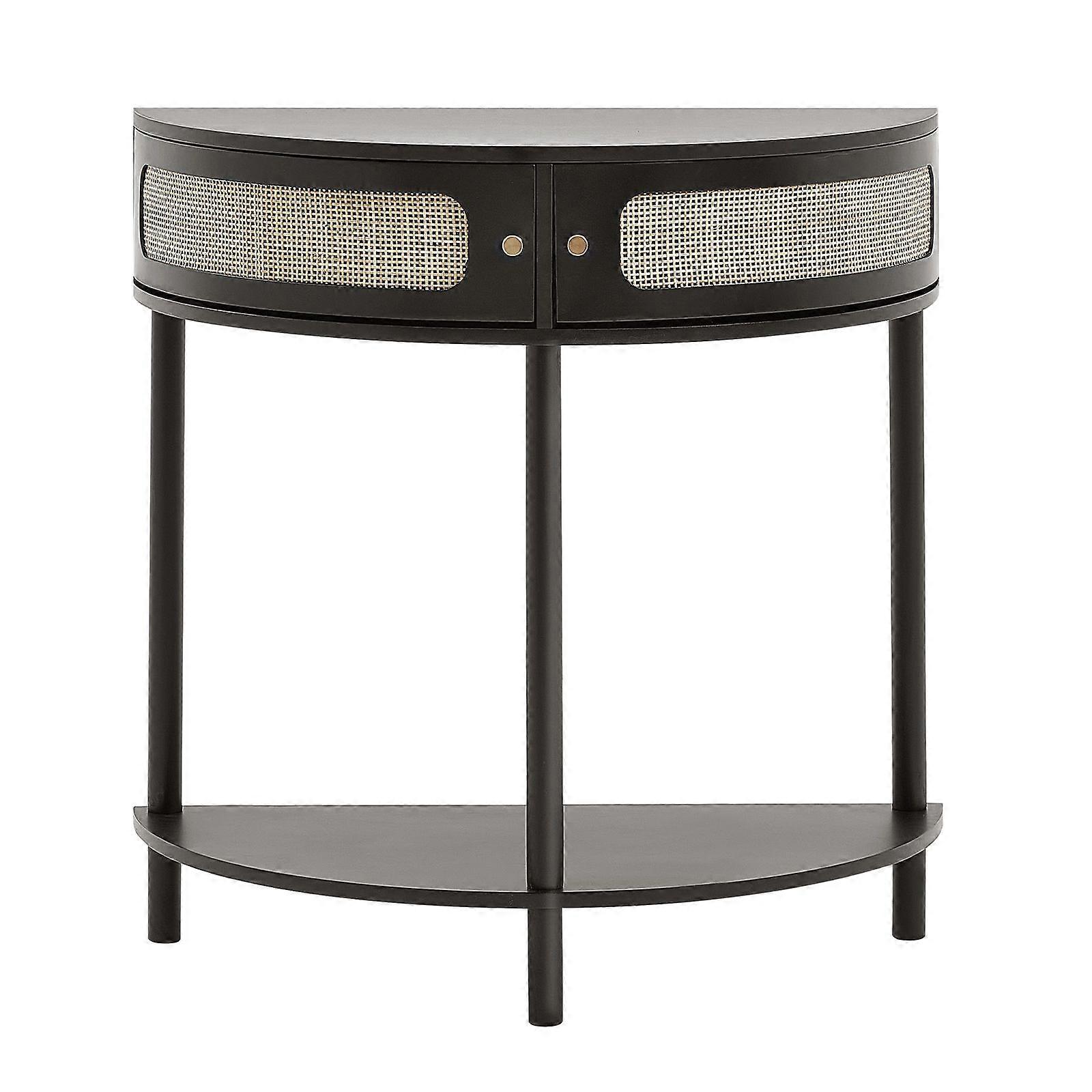 Mesa de Console de Rattan Meia-lua com 2 Gavetas, para Sala de Estar, Estudo, Entrada ou Parede de TV, Preto