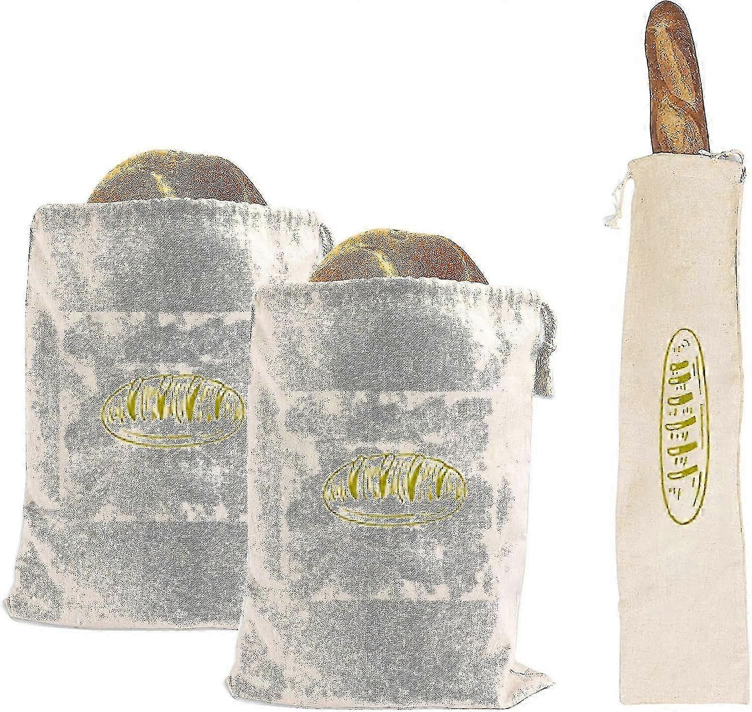 Bread Bag Set of 3 Natural Linen Reusable Bags for Bread with Drawstring, Ideal for All Bread Types