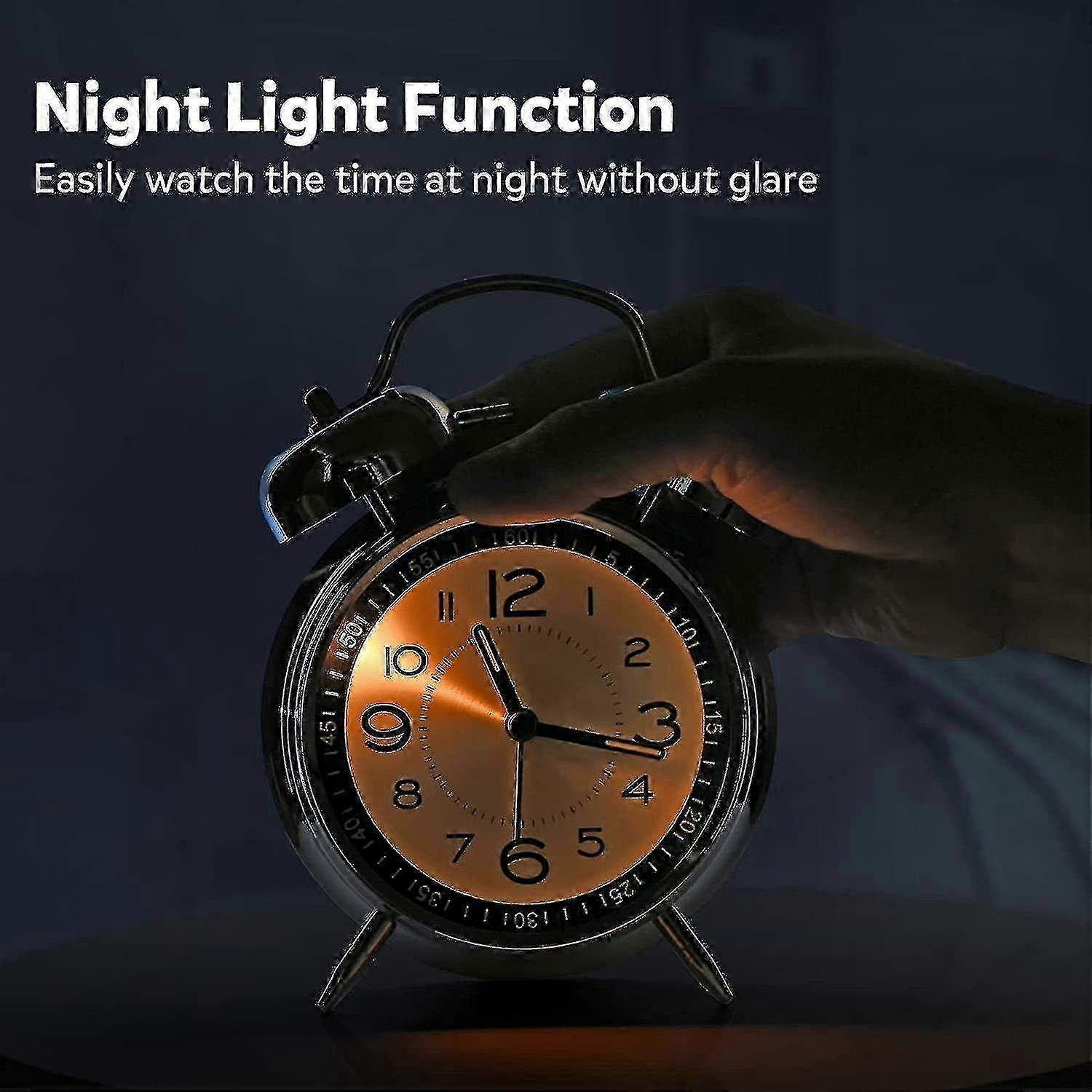 Blue Silent Alarm Clock with Twin Bells, 4" Backlit Non-Ticking Quartz for Adults