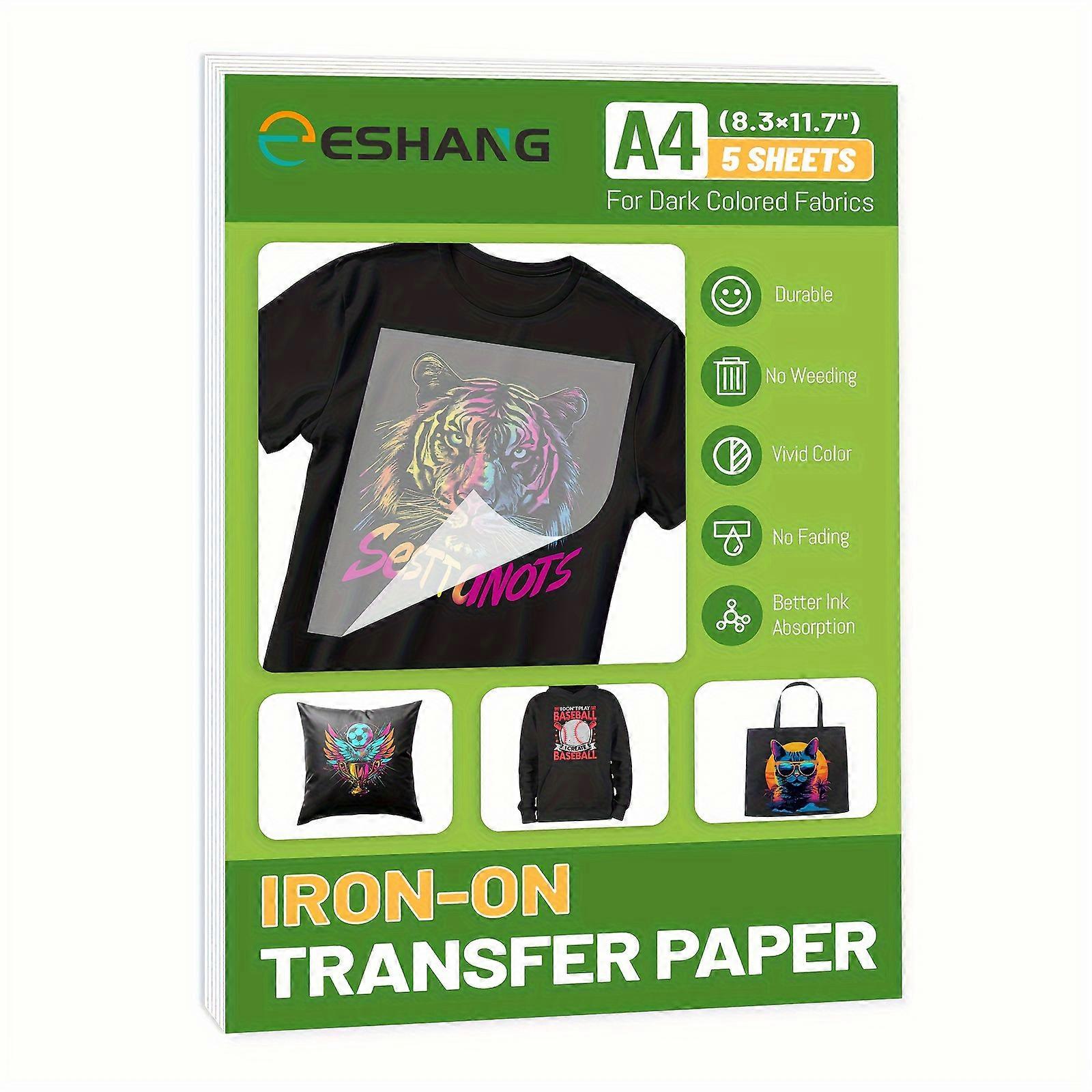 A4 Size 5 Sheets Printable Iron-On Heat Transfer Paper (8.3 x 11.7 Inch), Dark Fabric, Easy DIY T-Shirt & Durable Transfer Paper