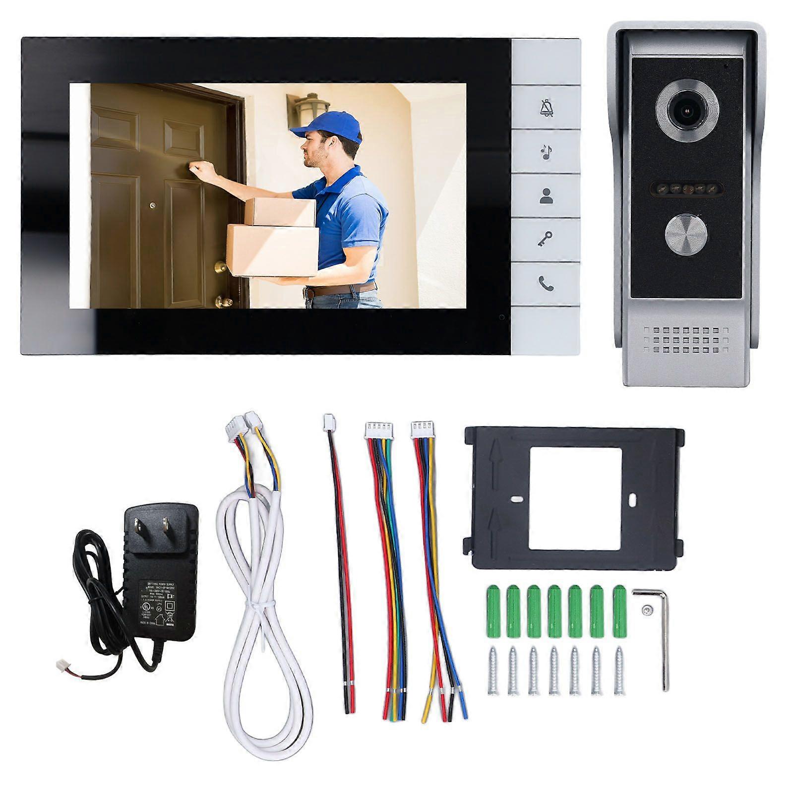 Video Doorbell Intercom Kit 7in Screen with 90 Degree Wide Angle View Infrared Night Vision Video Intercom System US Plug