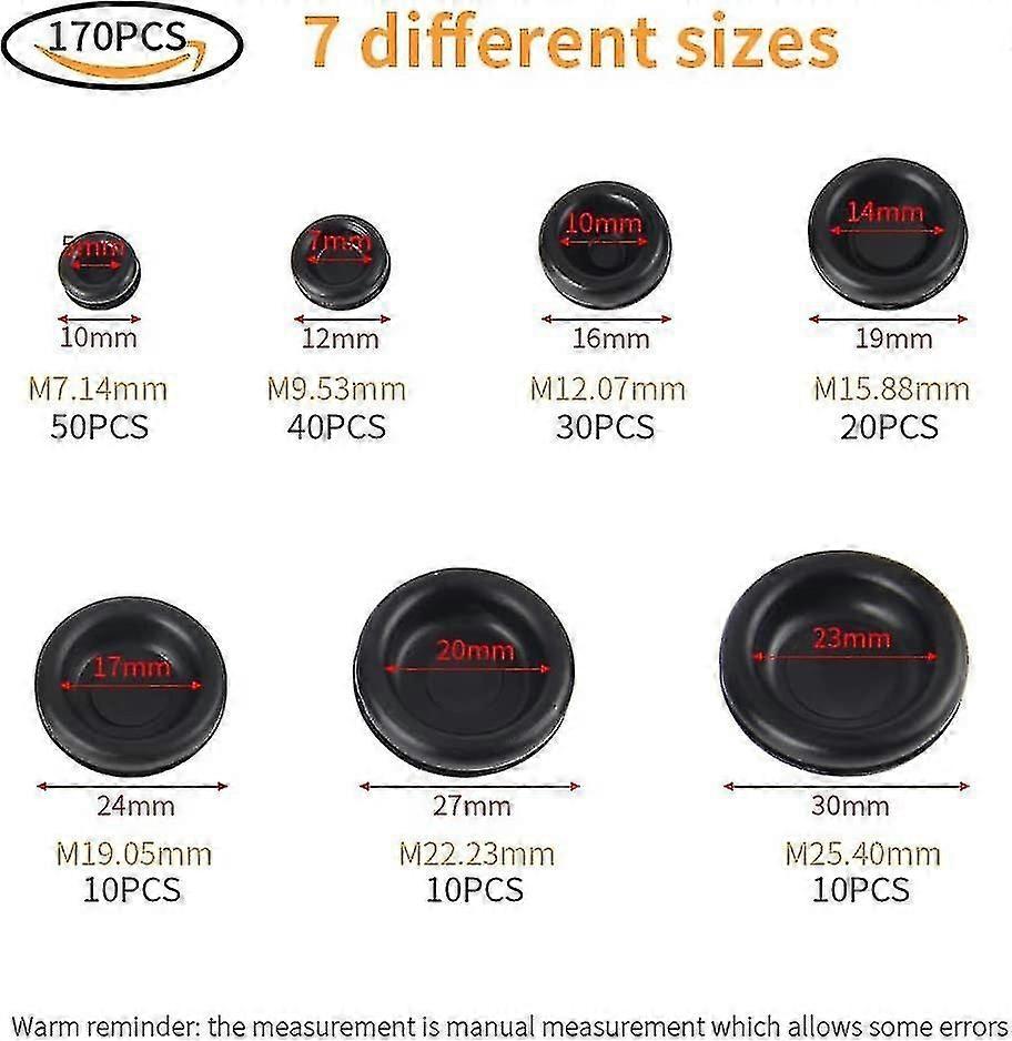 170 قطعة المقابس المطاطية ، تشكيلة جروميت المطاطية ، ثقب الحلقات المطاطية للكابل والموصل آلة السيارات مضخة كابل جروميت - 7 أحجام