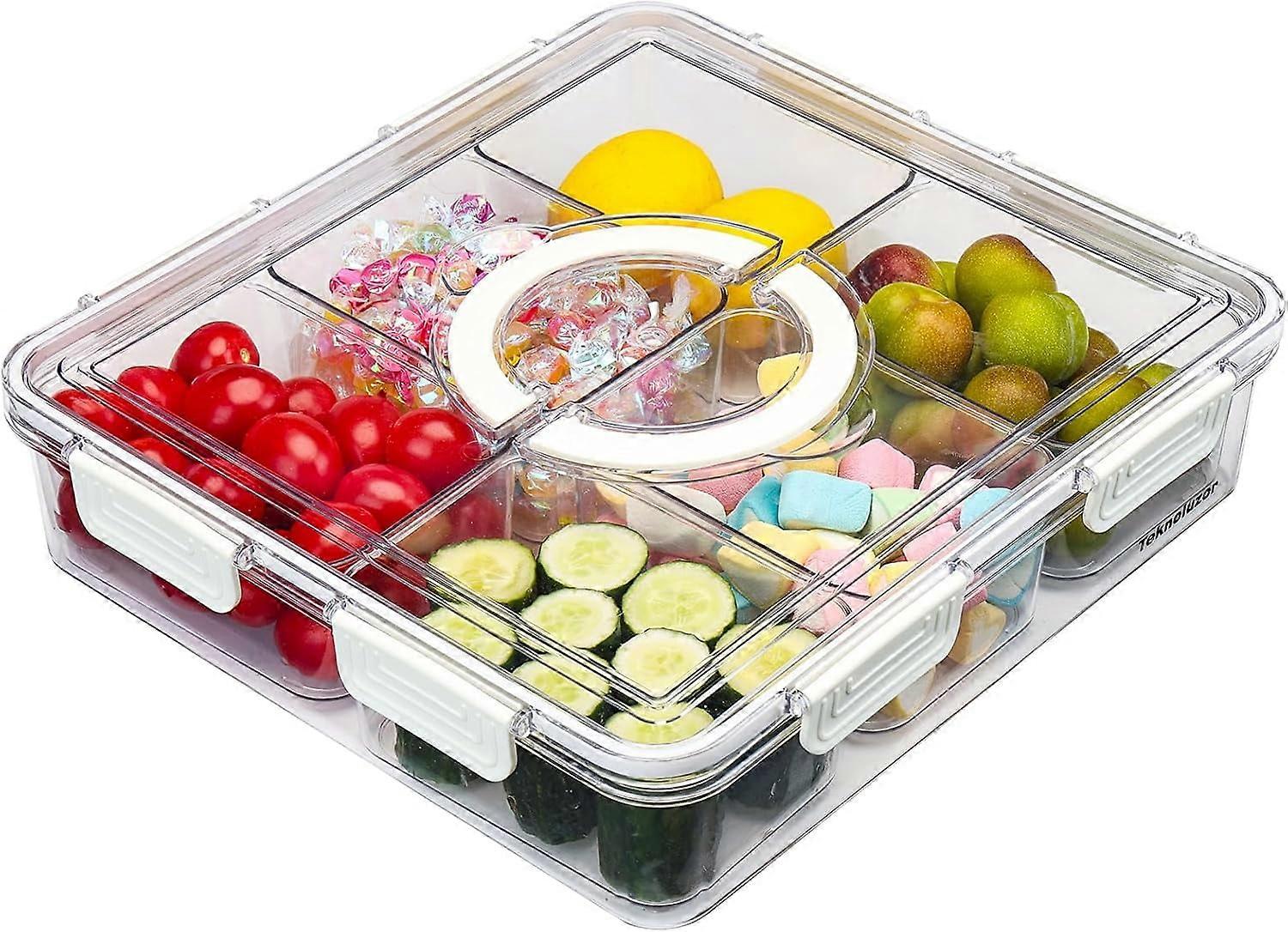 Divided Serving Tray with Lid & Handle, BPA-free 6-Compartment Snack Box, Compatible with Fridge Storage for Veggie, Fruit, Candy, Nuts